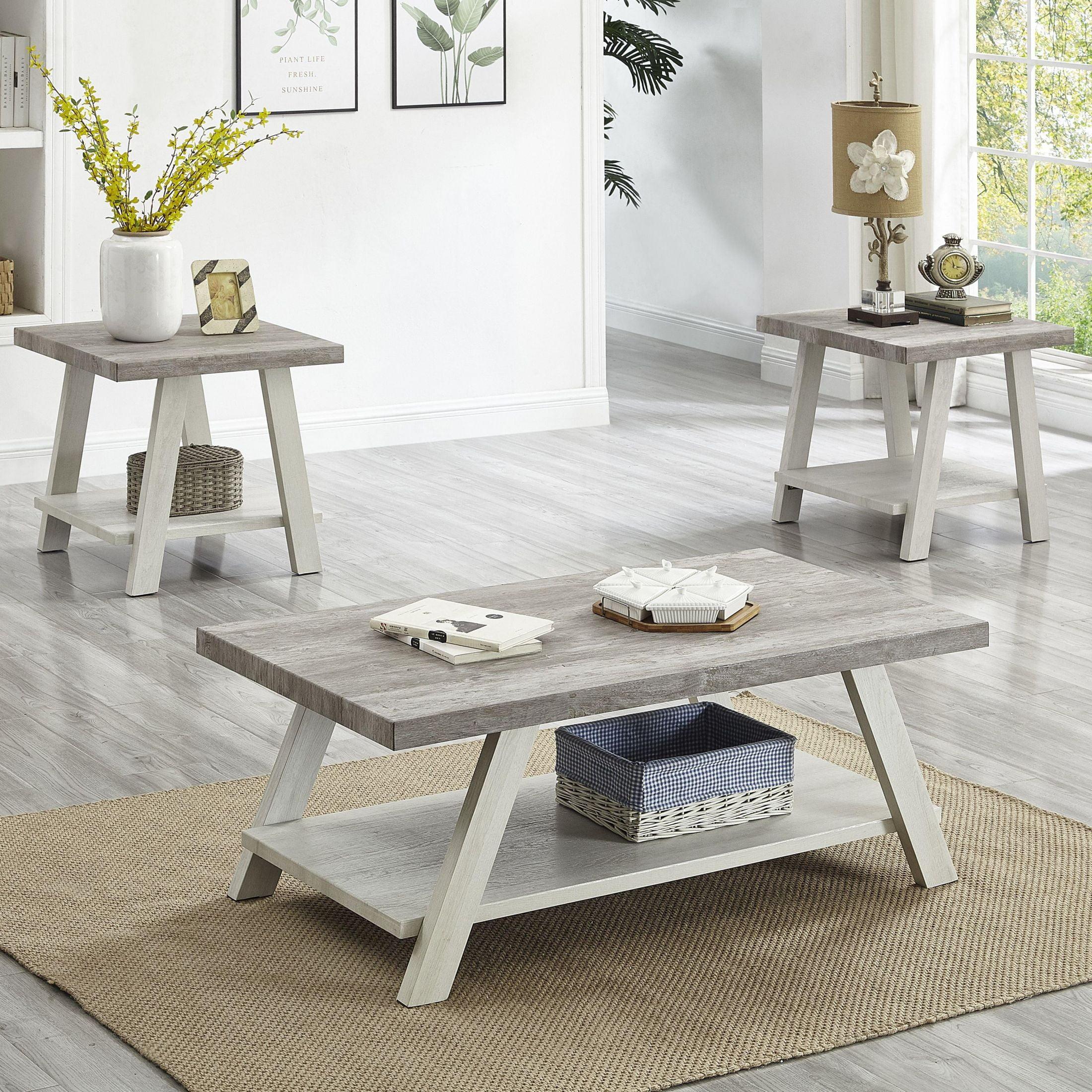 Roundhill Furniture Athens Contemporary 3-Piece Wood Shelf Coffee Table Set in Weathered Gray and Beige