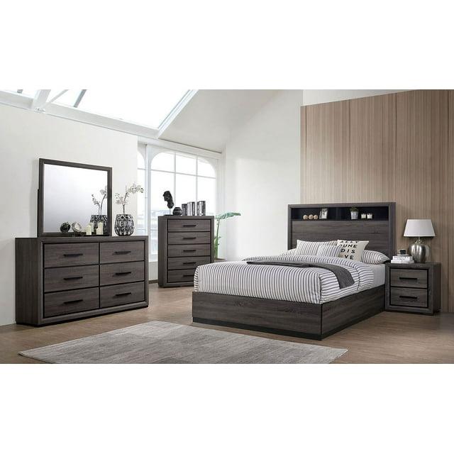 Contemporary 4-pc Queen Size Bed Dresser Mirror Nightstand Bedroom Furniture Grey Paper Veneer