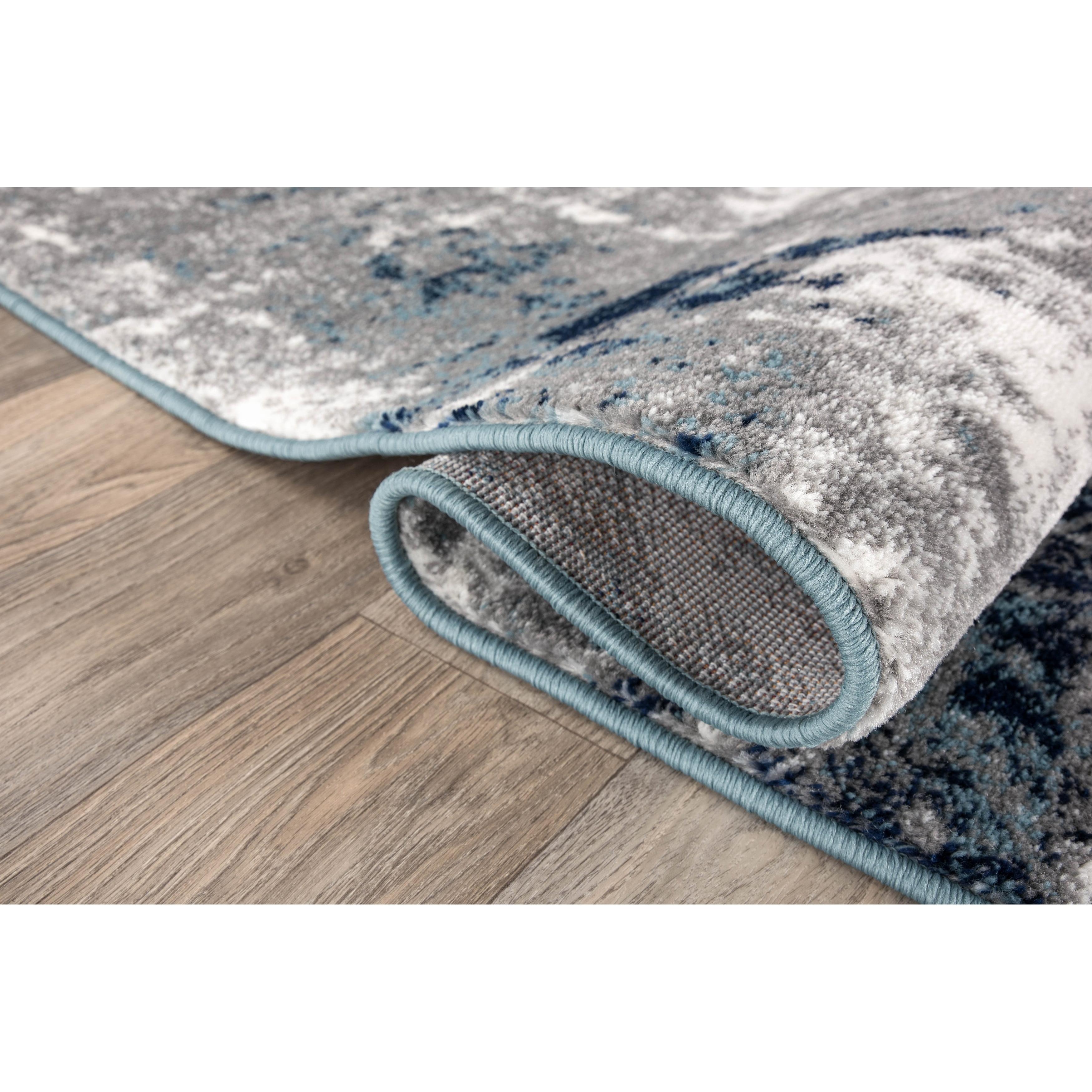 Reversible Blue Abstract Synthetic 5' x 7' Easy-Care Area Rug