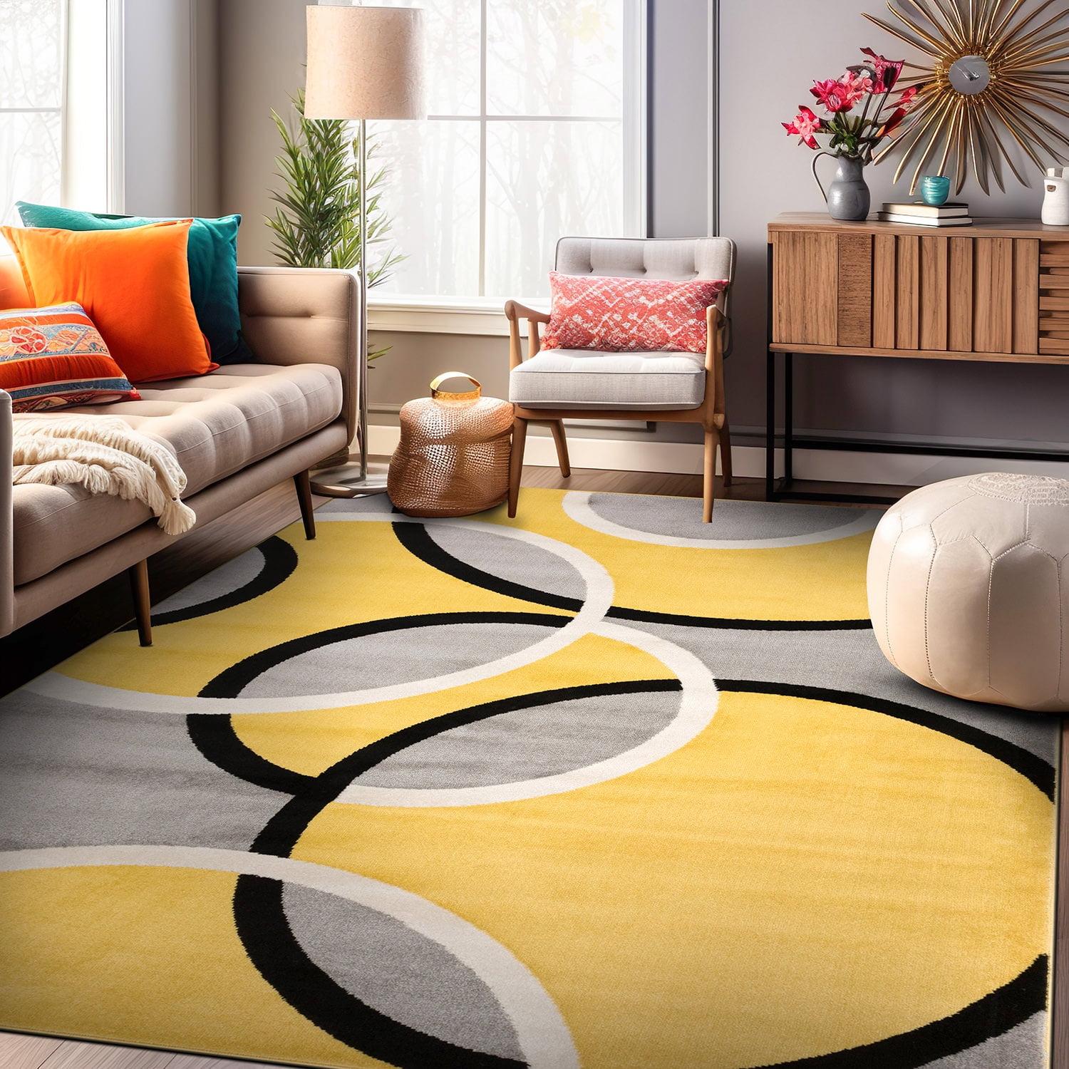 Yellow and Gray Abstract Circles Easy Care Area Rug