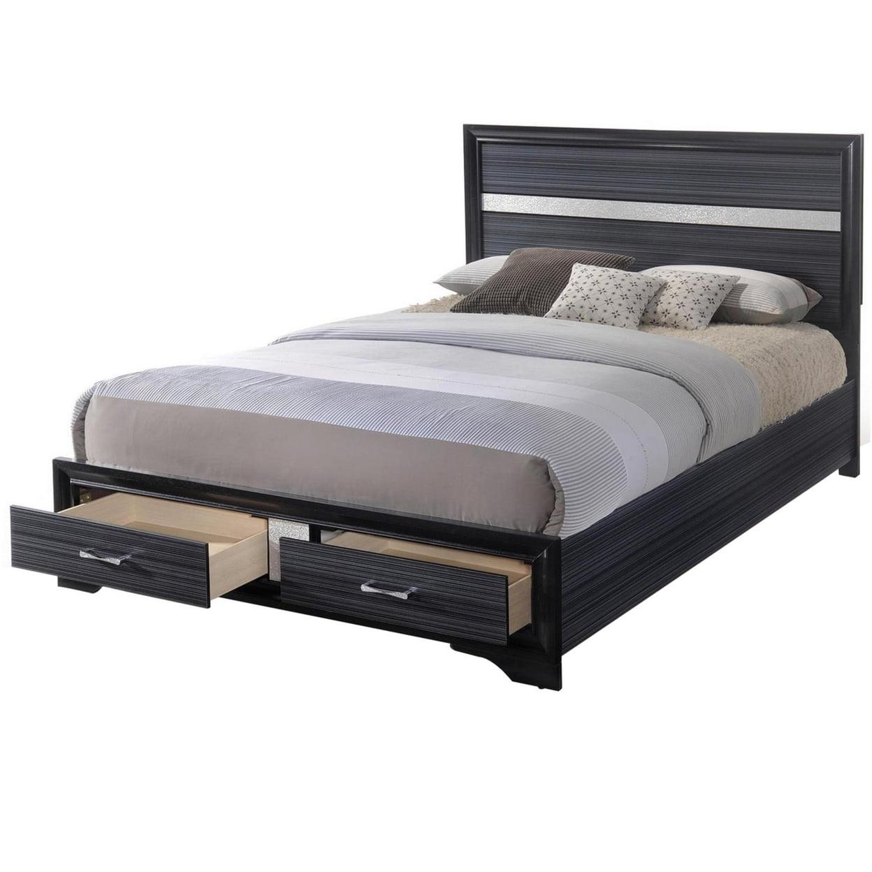 Elegant Eastern King Bed with Acrylic Trim and Storage Drawers, Black