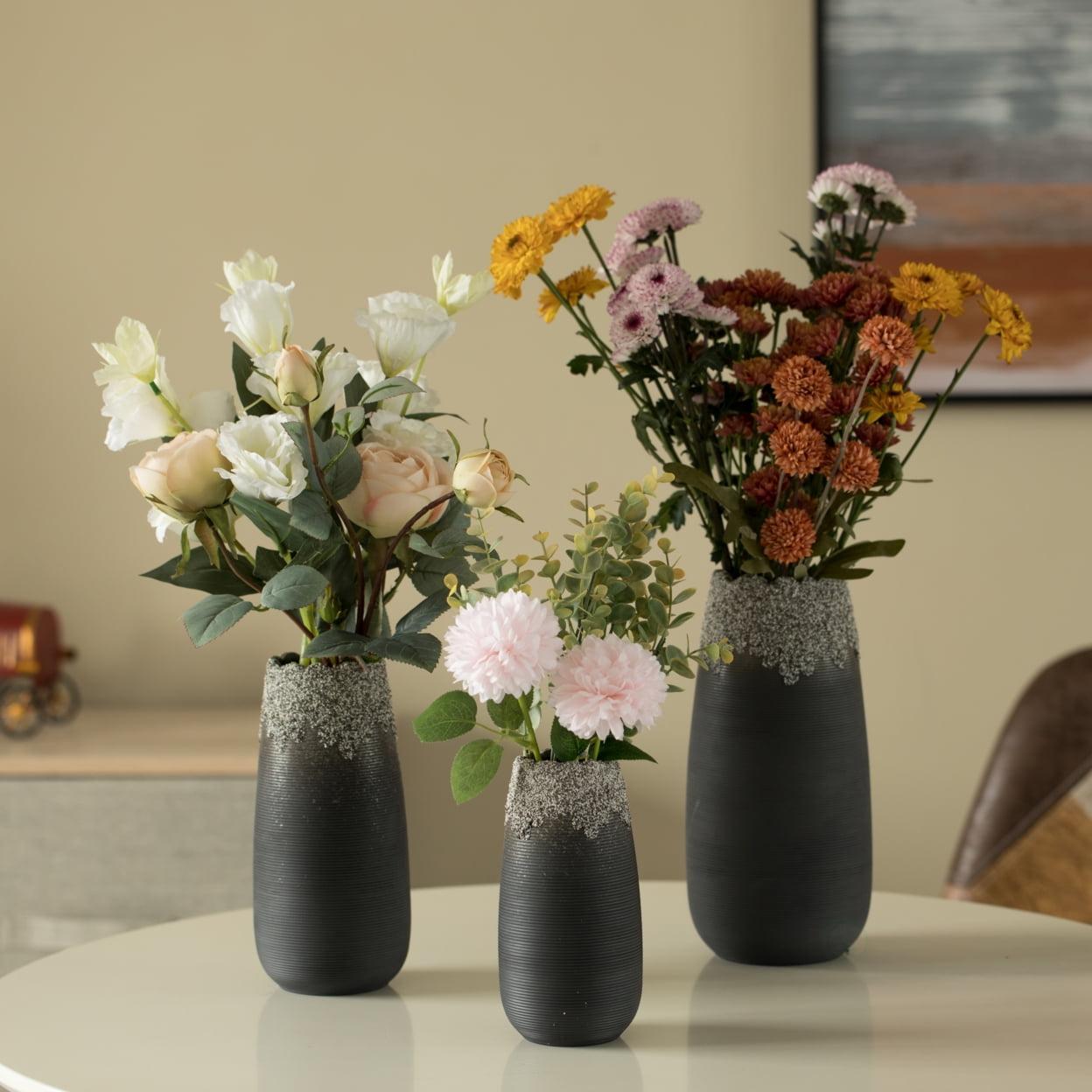 Sleek 8'' Black Ceramic Floor Vase with Dripping Crystal Design