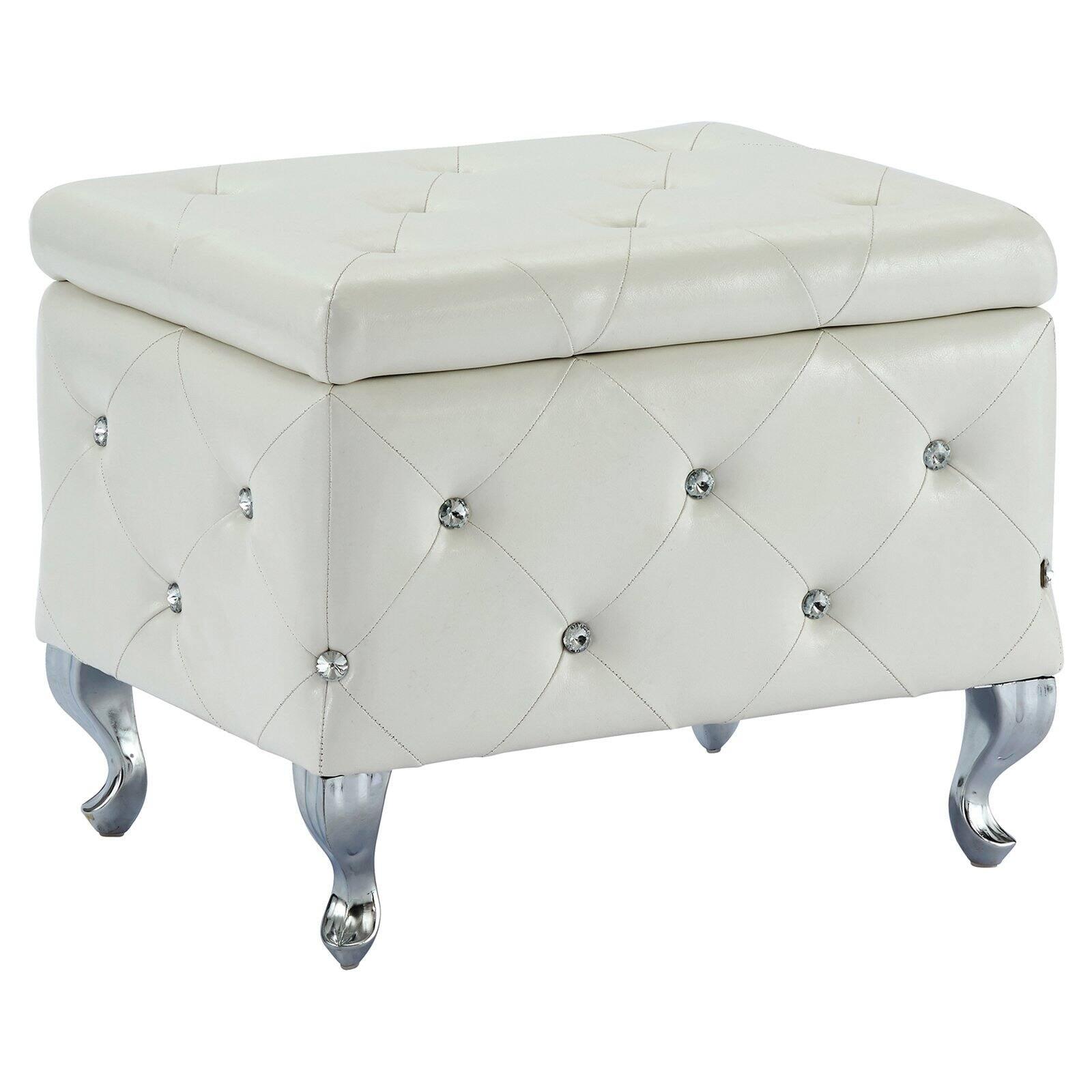 White Faux Leather & Chrome Square Storage Ottoman