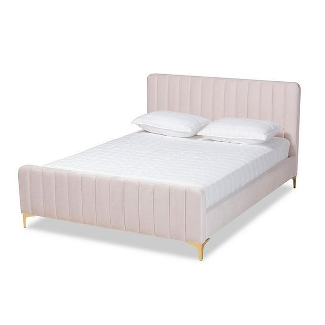 Full Nami Velvet Platform Bed Light Pink/Gold - Baxton Studio: Upholstered MDF Frame, No Box Spring Needed