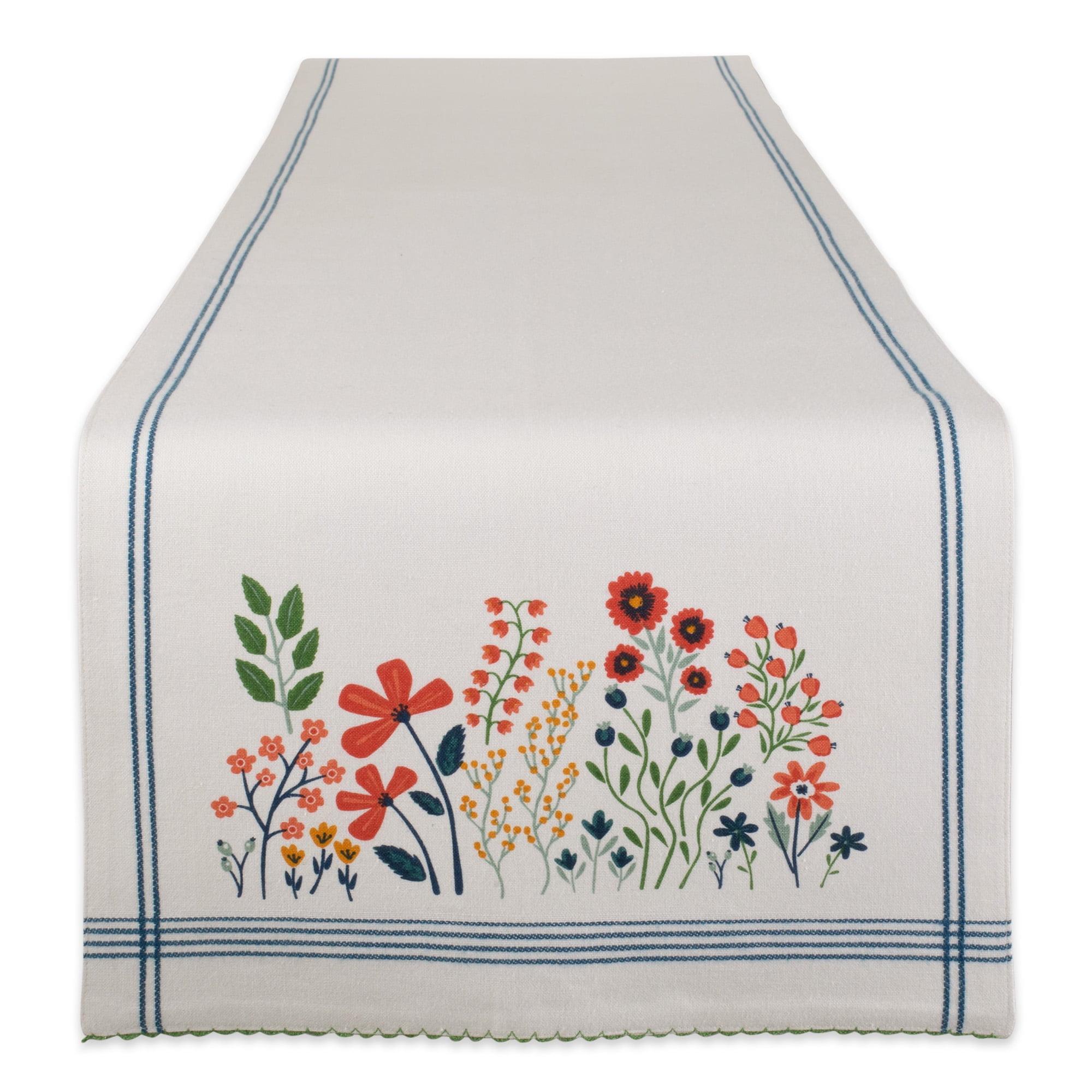 White and Orange Cotton Floral Table Runner with Blue Trim, 108"