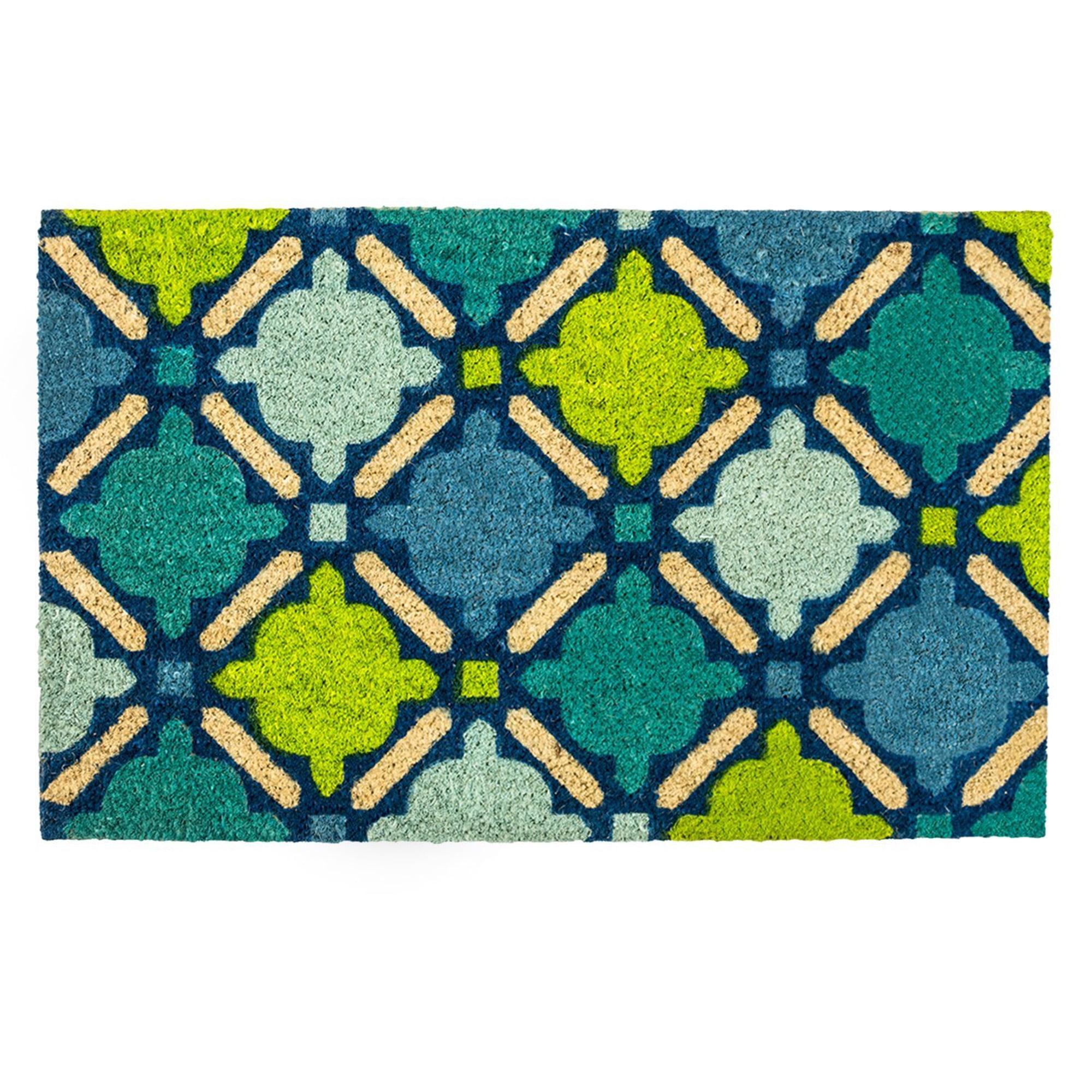 Blue Green Beige Coir Outdoor Mosaic Doormat 18" x 30"