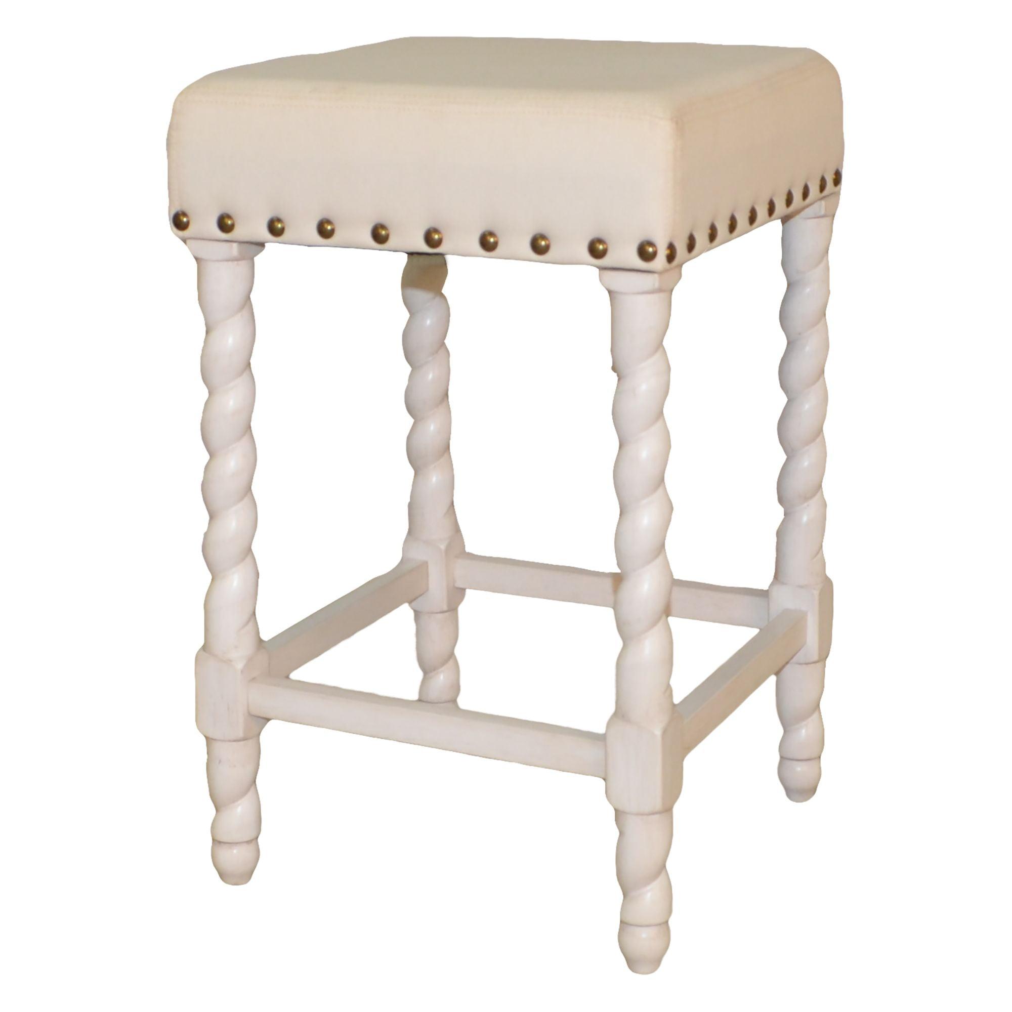 Elegant Beige and White Linen Counter Stool with Brass Nailhead Trim