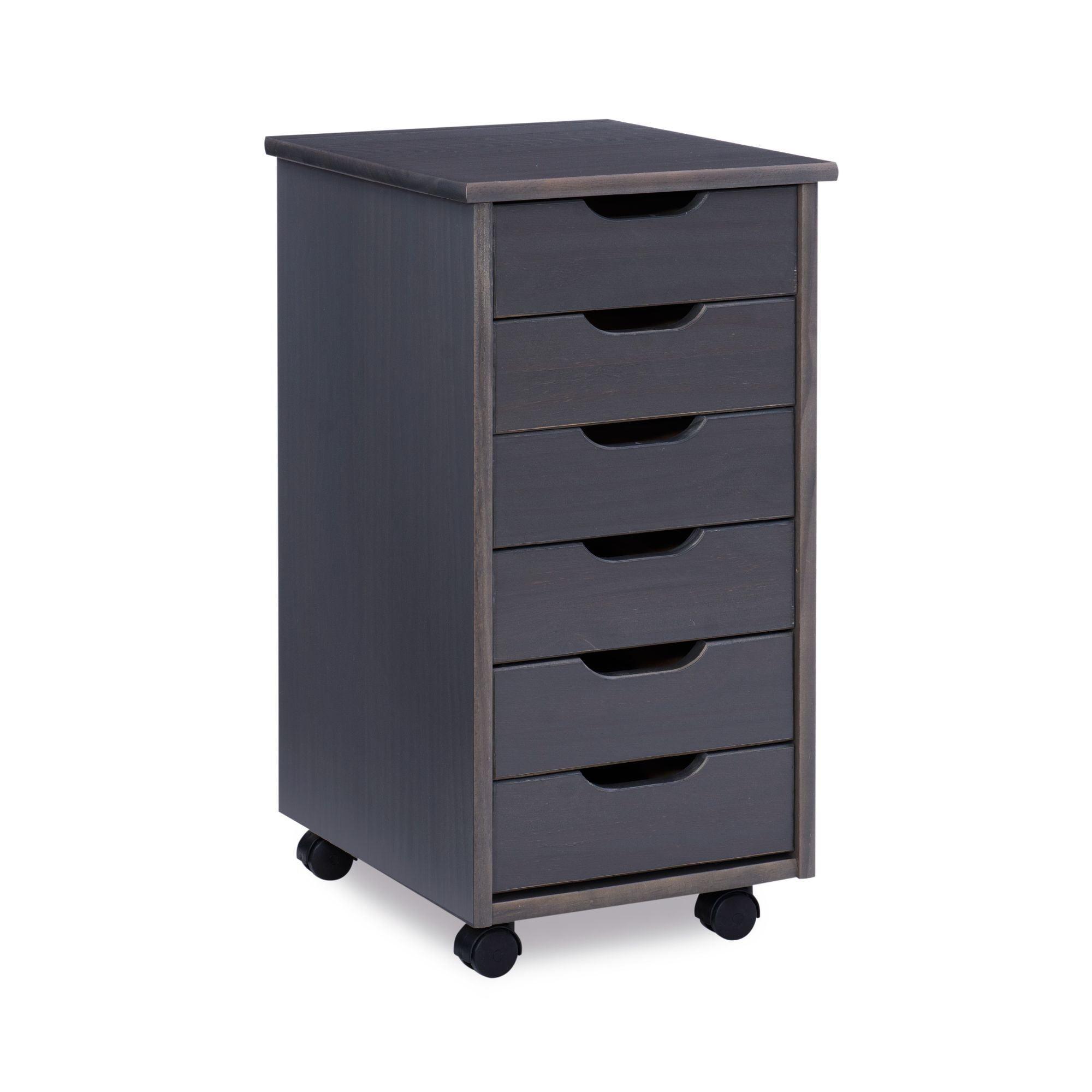 Modern Gray Pinewood 26" Rolling Office Storage Cabinet with 6 Drawers