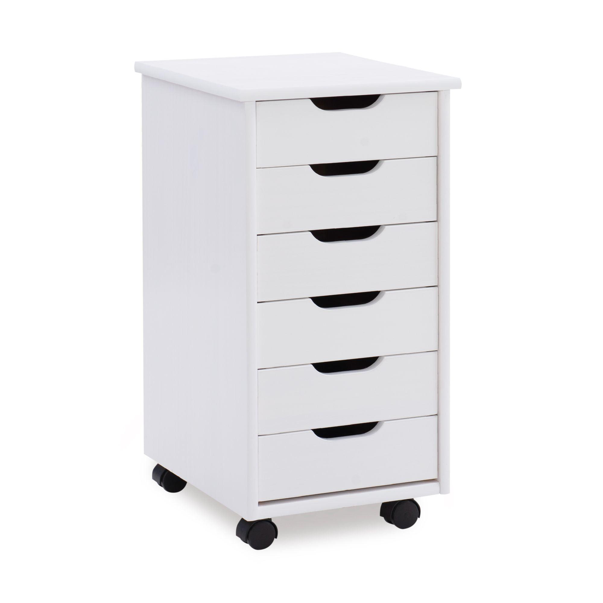 Whitewash Pinewood 26'' Mobile Storage Cart with Six Drawers