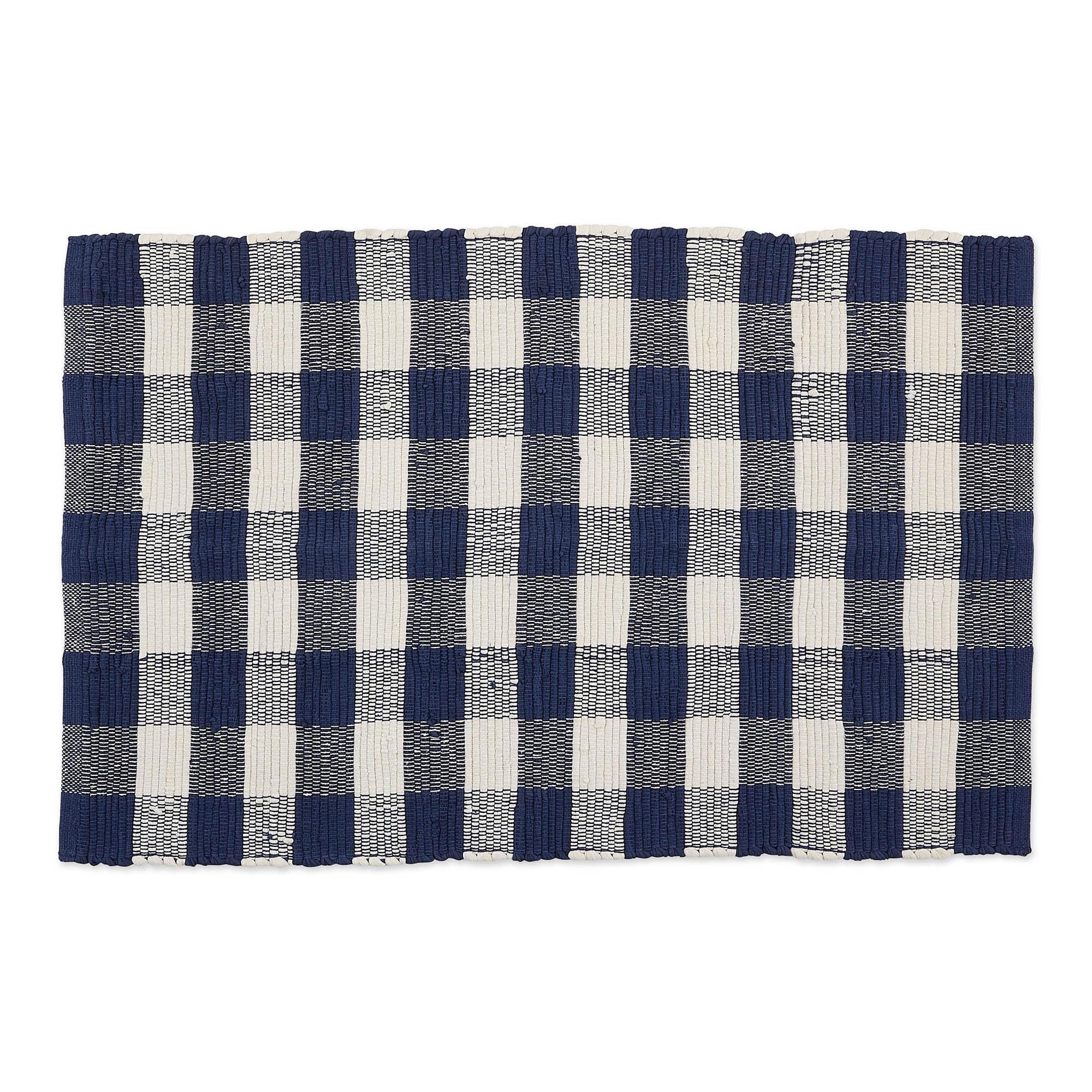 Navy Blue and Cream White Cotton Buffalo Check Rag Rug 40" x 26"