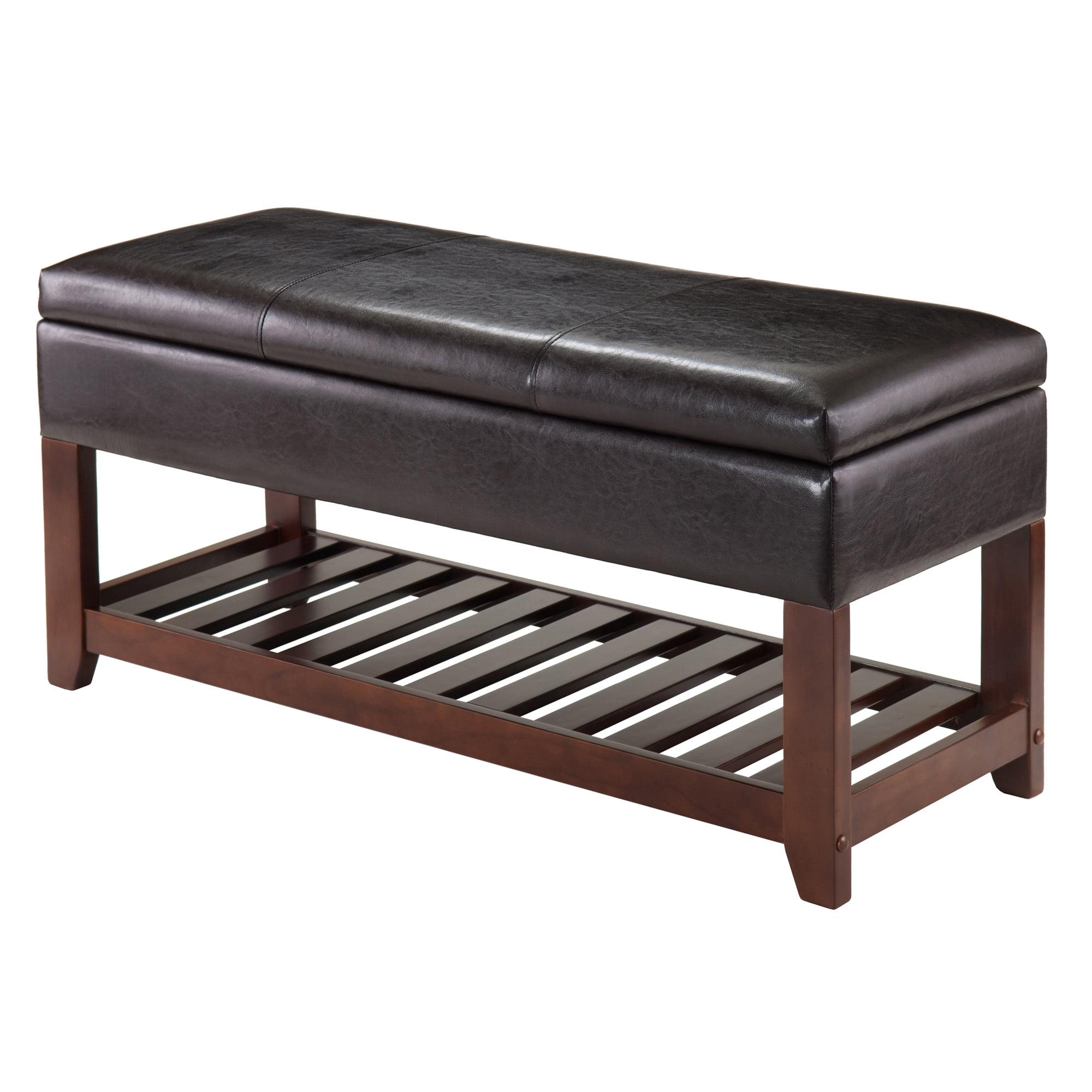 Espresso Walnut Faux Leather Storage Bench with Shelf