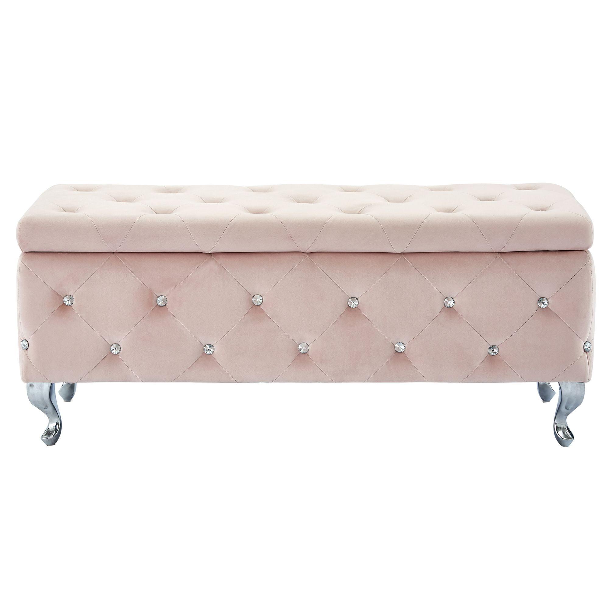 Luxe 43" Beige Velvet Tufted Storage Ottoman with Silver Legs