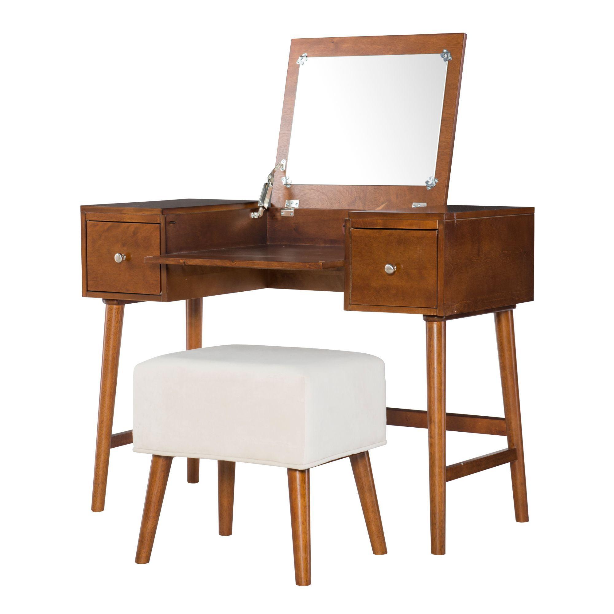 Walnut Brown Mid-Century 40" Vanity Set with Bench and Mirror