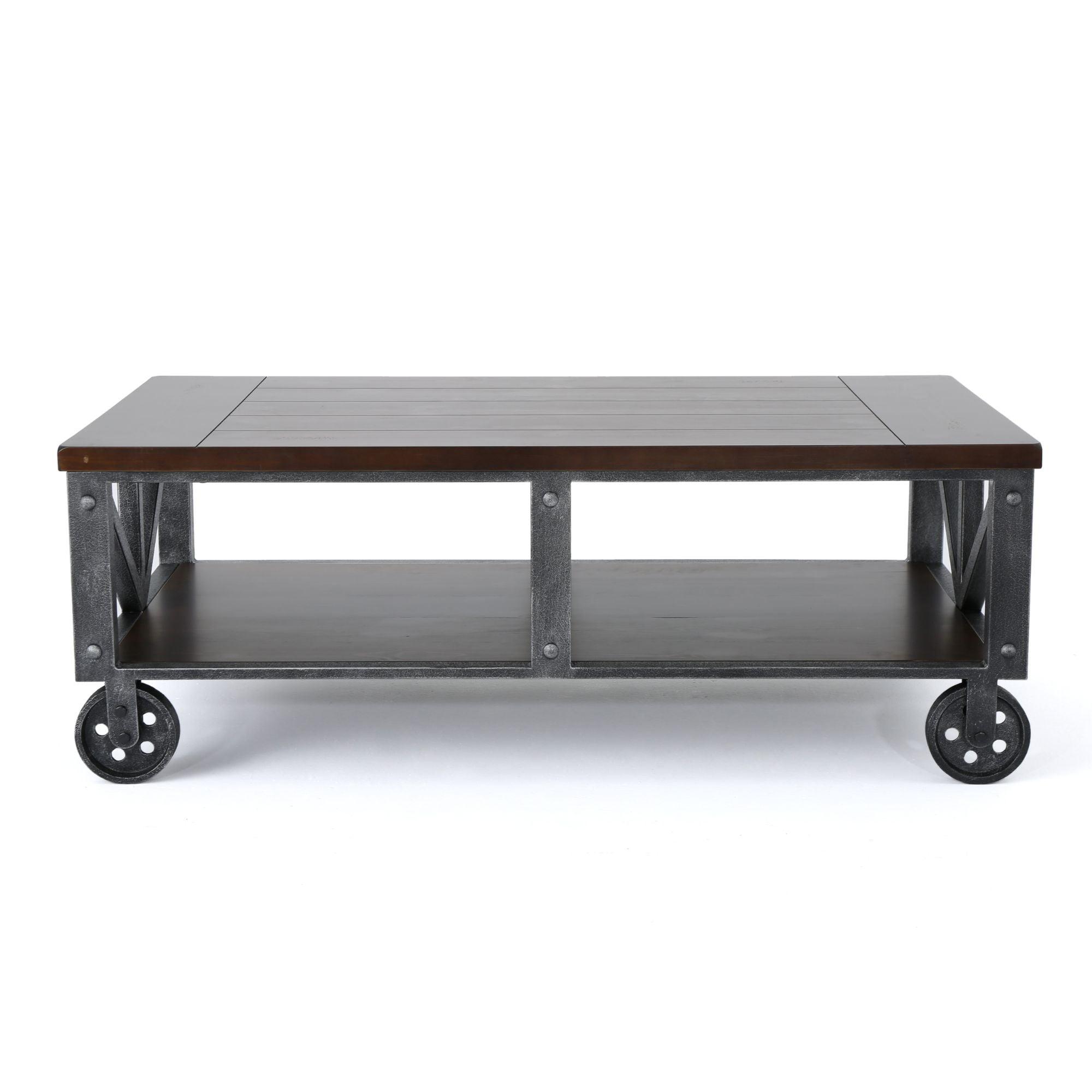 Medieval Flair 48" Rustic Brown and Black Wood Coffee Table on Wheels