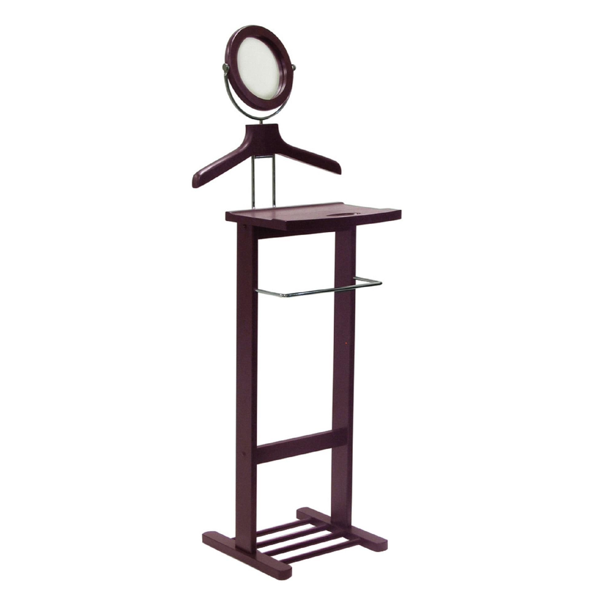 Espresso Dark Brown Wooden Valet Stand with Mirror and Hangers