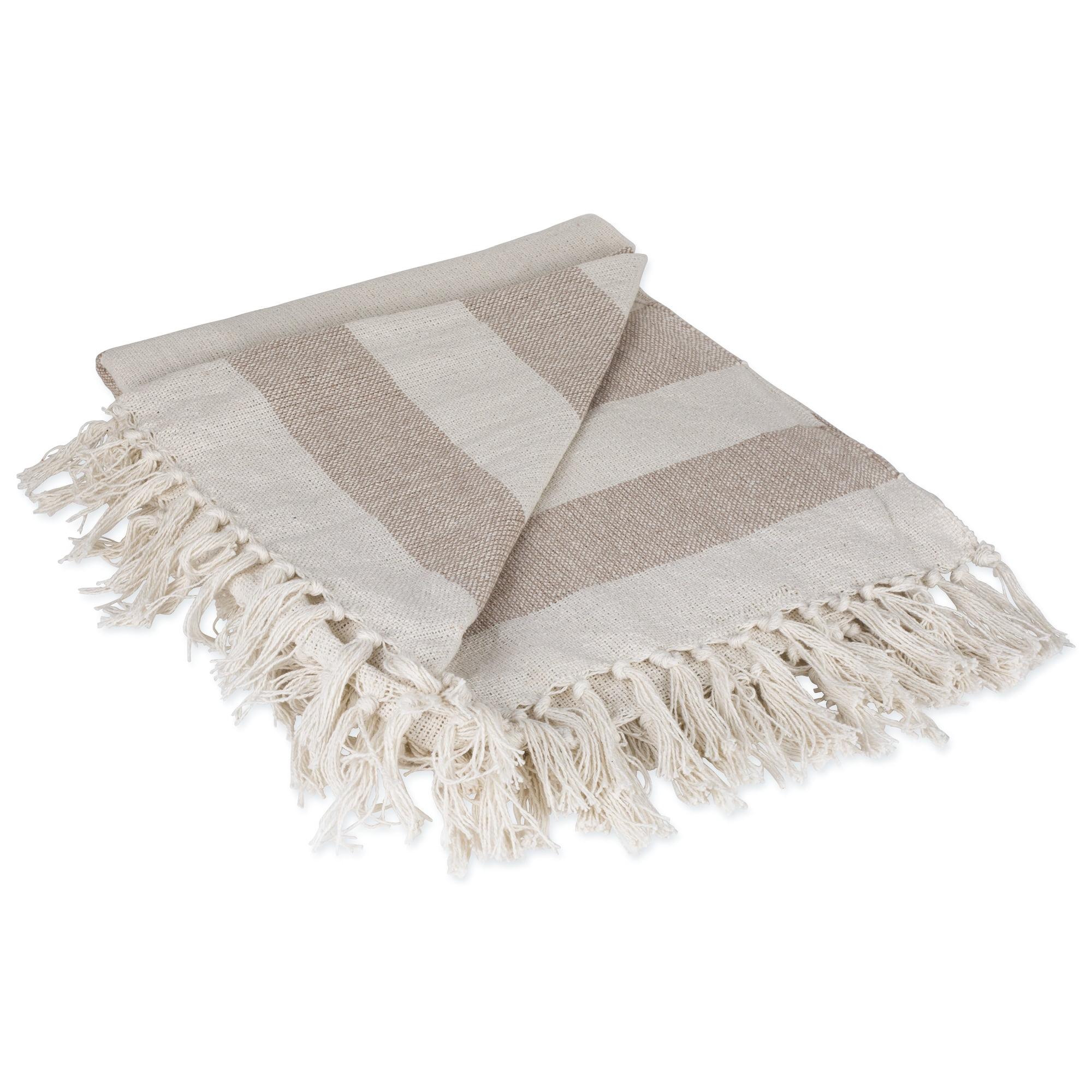 Brown and White Cotton Striped Fringed Throw Blanket 50" x 60"