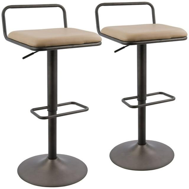 LumiSource Set of 2 Beta Industrial Adjustable Barstools Antique/Camel: Metal Frame, Faux Leather, Low Back Design