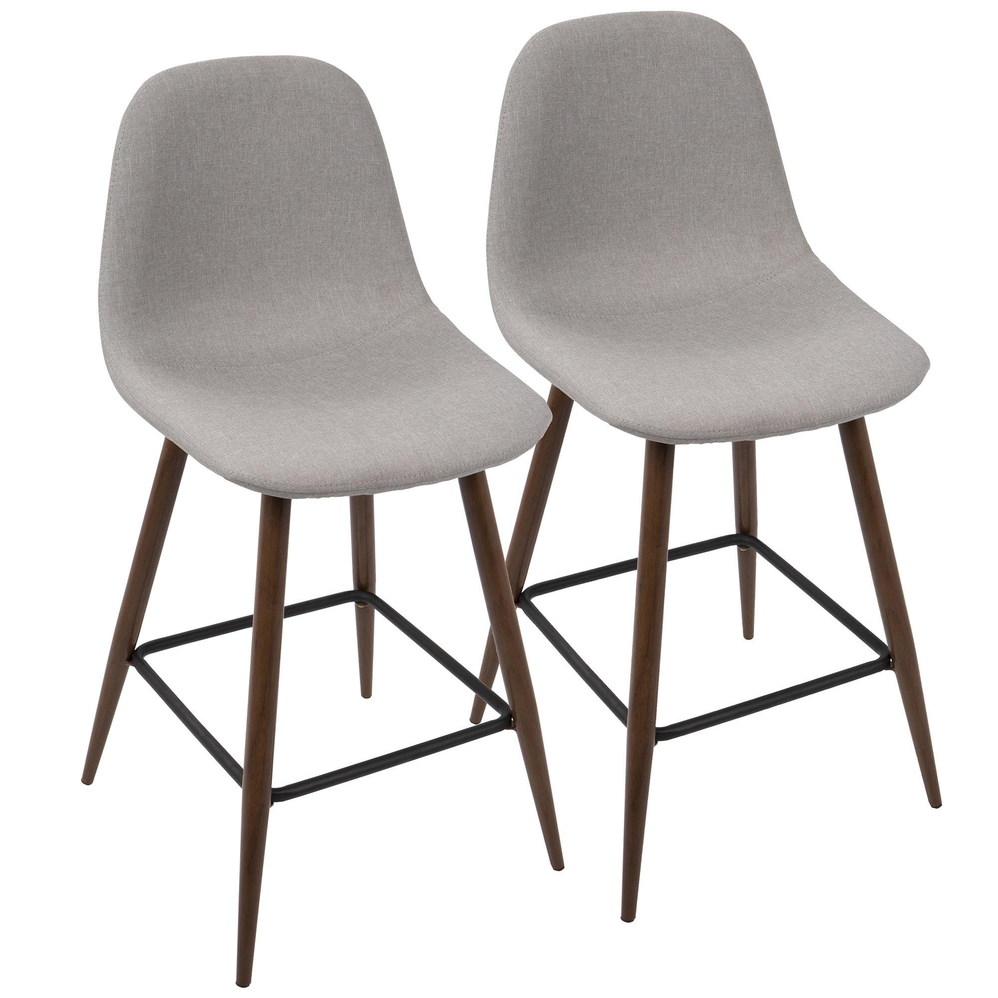 Walnut Metal and Light Gray Fabric 35" Mid-Century Modern Counter Stools, Set of 2