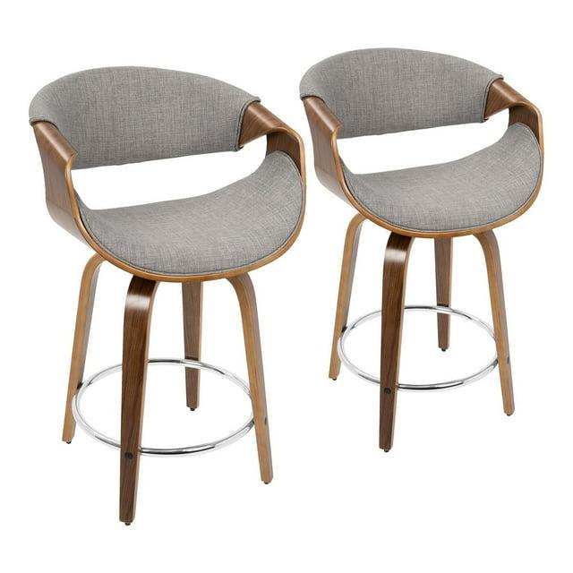 Curvini Mid-Century Modern Counter Stool in Walnut Wood and Light Grey Fabric by LumiSource - Set of 2