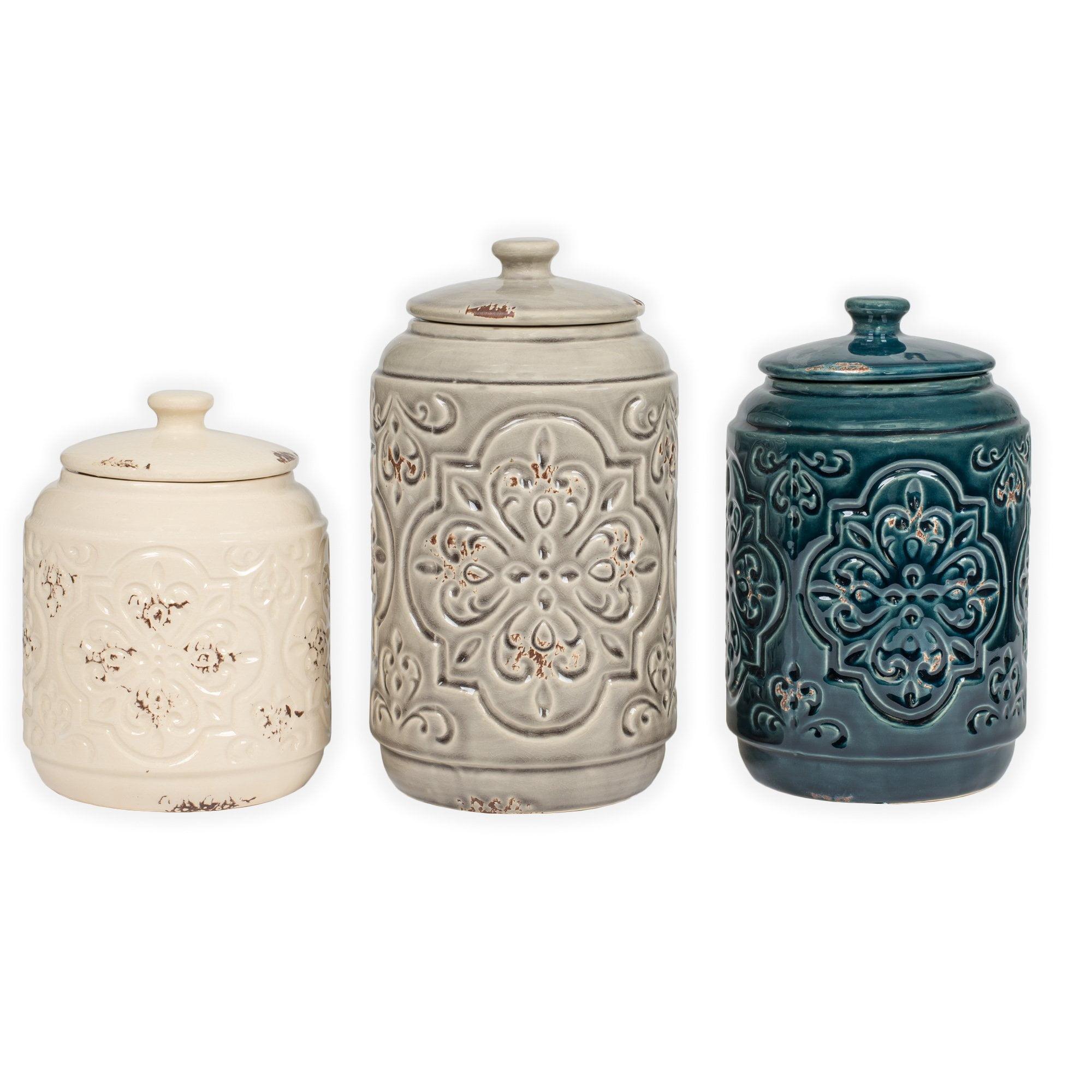 Ceramic Distressed Blue, Gray, and Cream Canister Set