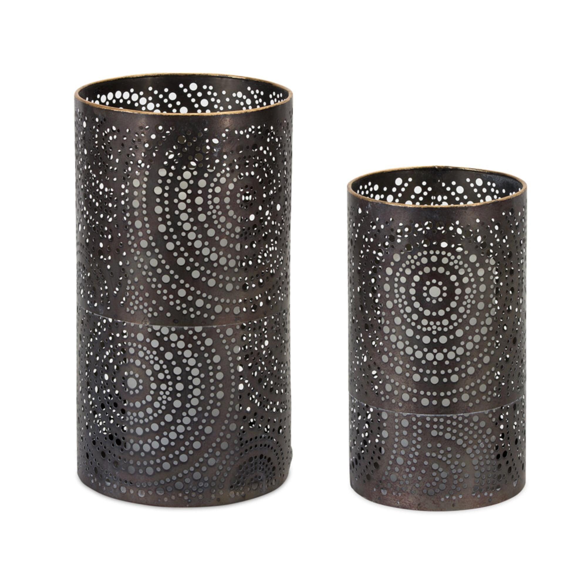 Elegant Brown and Bronze Mandala Perforated Metal Candle Holder Set