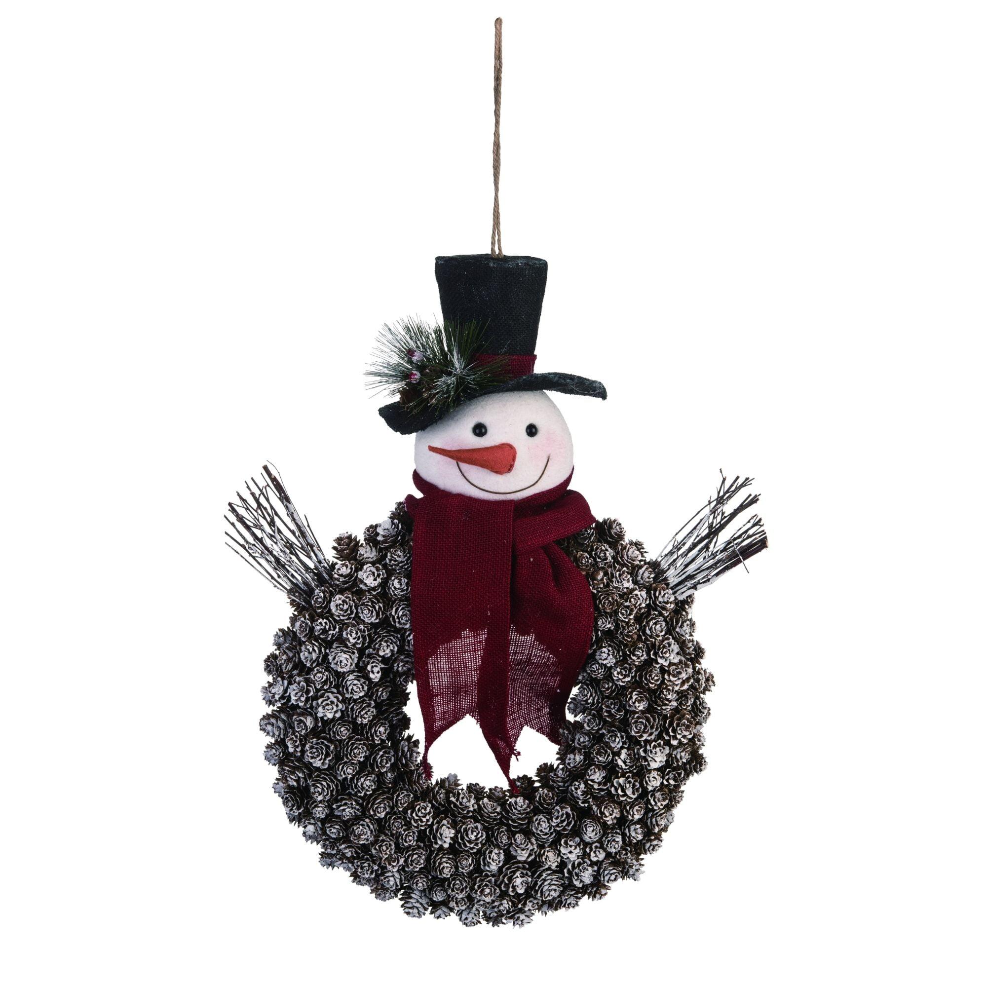 Unlit Snowman Pinecone Christmas Wreath with Burlap Scarf