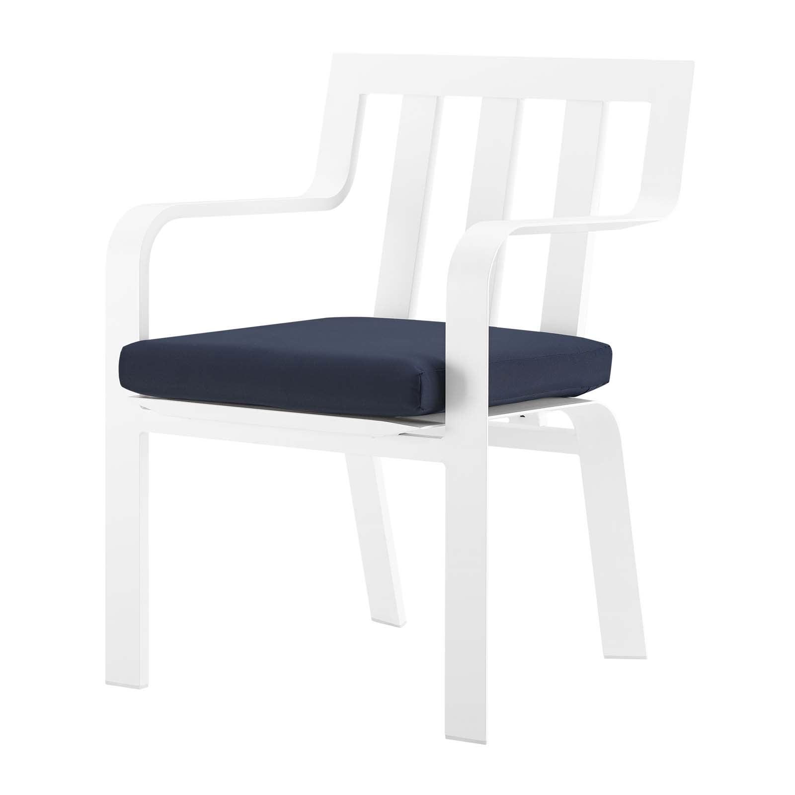 Modway Baxley Stackable Outdoor Patio Aluminum Dining Armchair – White Navy – All-Weather Lightweight Armchair with Cushion and Modern Slatted Design