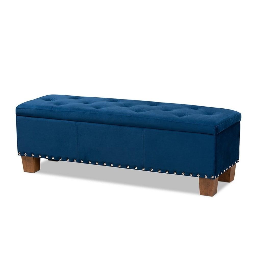 Elegant Navy Blue Velvet Tufted Storage Ottoman Bench with Silver Accents