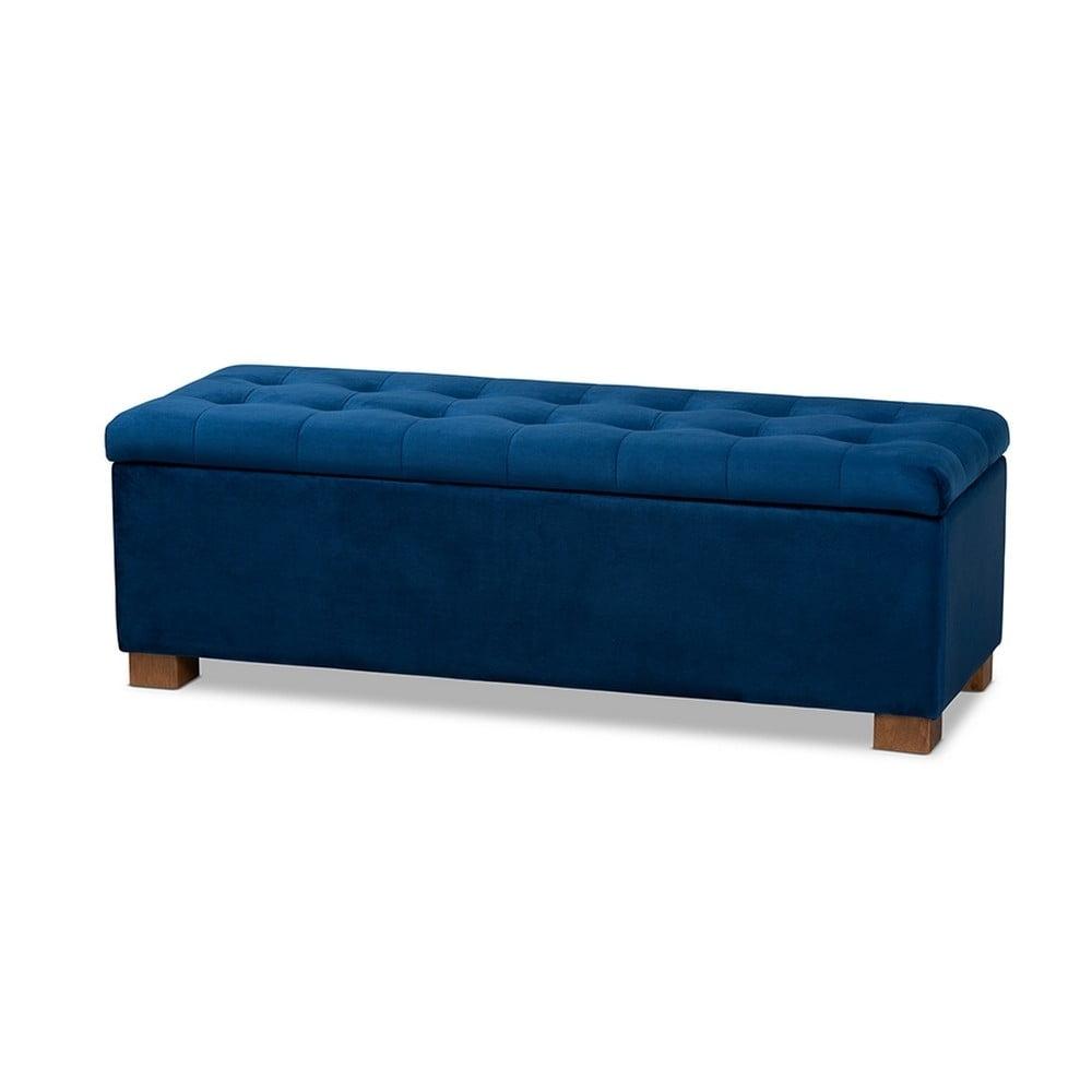 Navy Blue Velvet Tufted Storage Bench with Walnut Legs