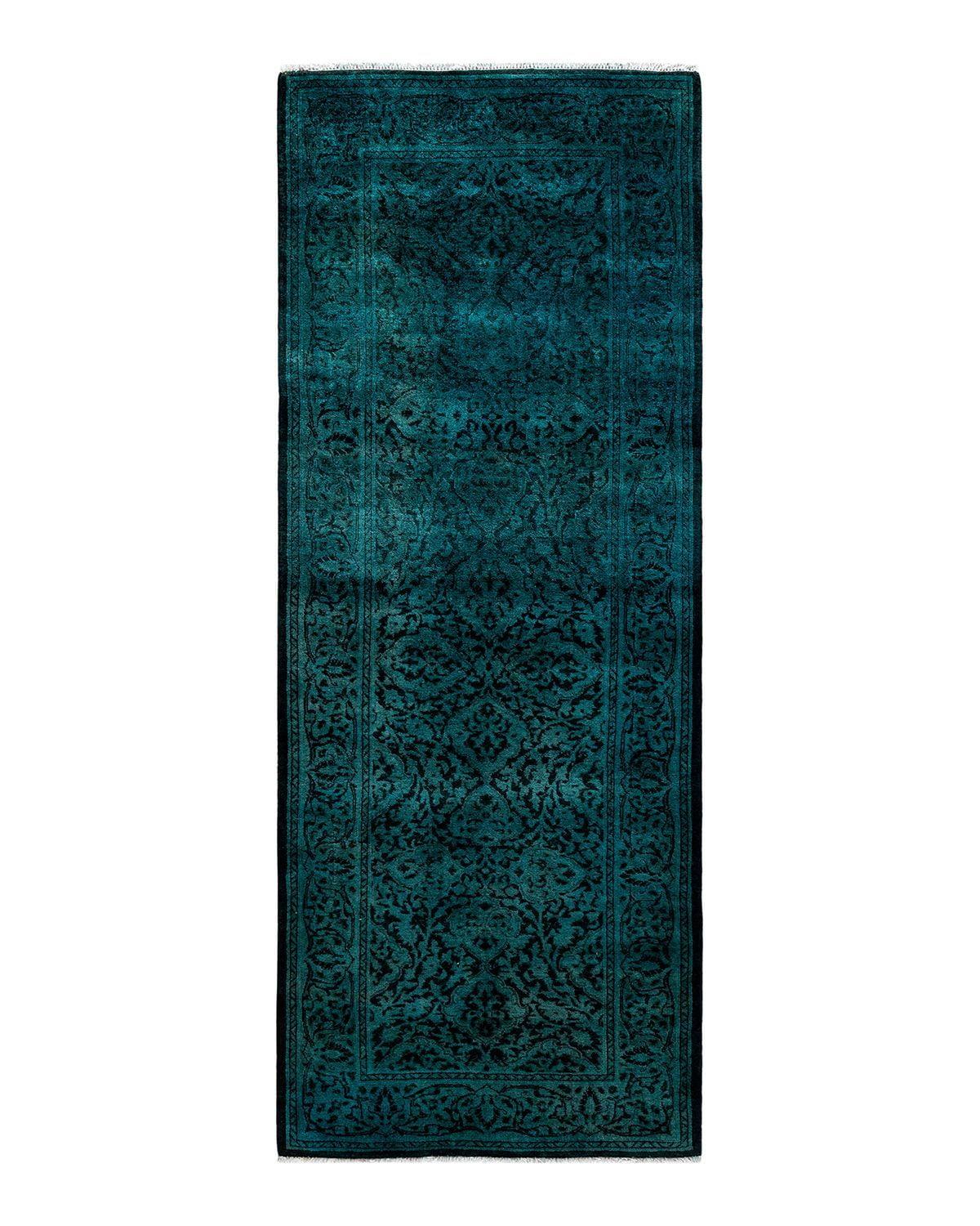 Hand-Knotted Black and Teal Wool Runner Rug 2'6" x 6'7"