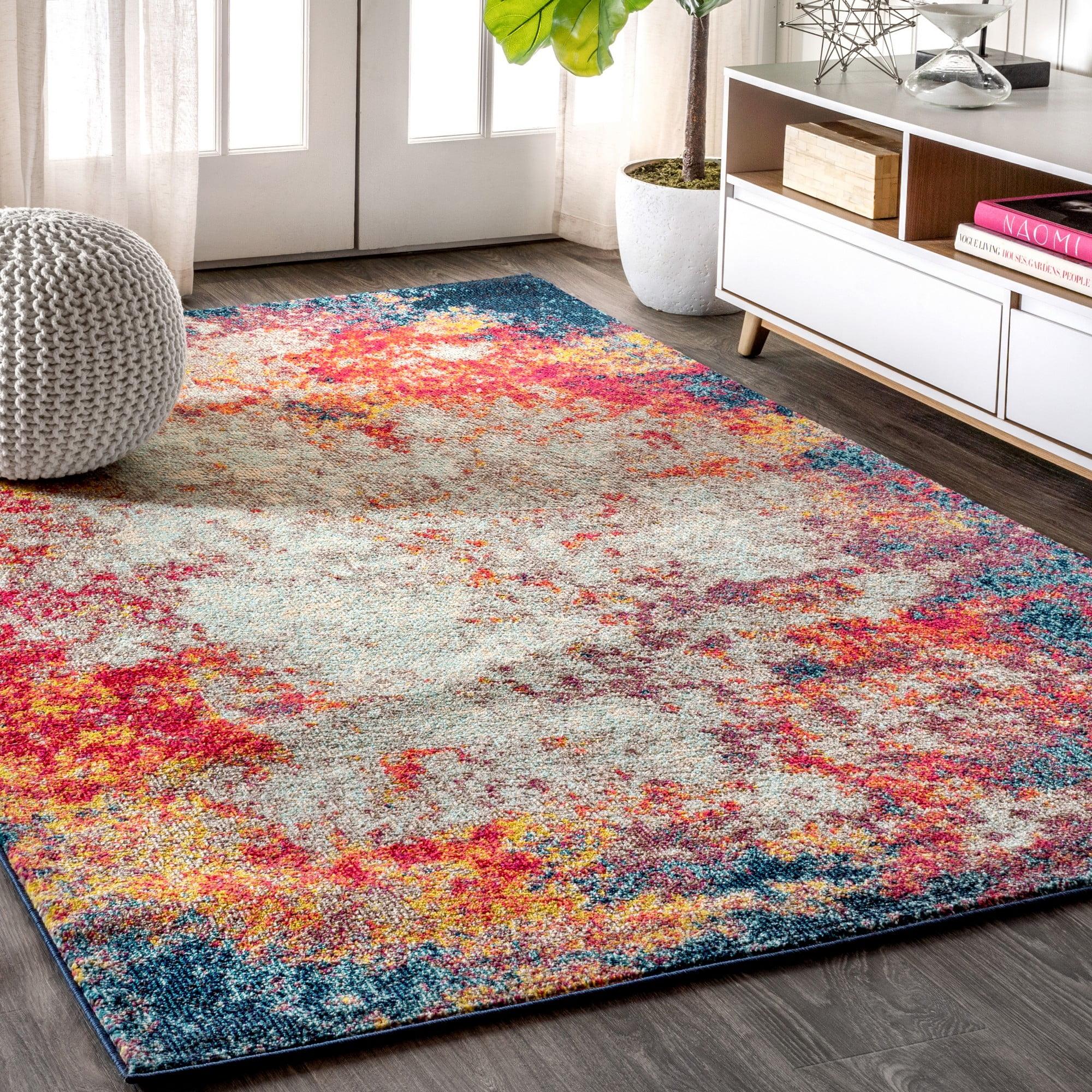 Modern Abstract Cream/Blue Synthetic 5'x8' Easy-Care Area Rug