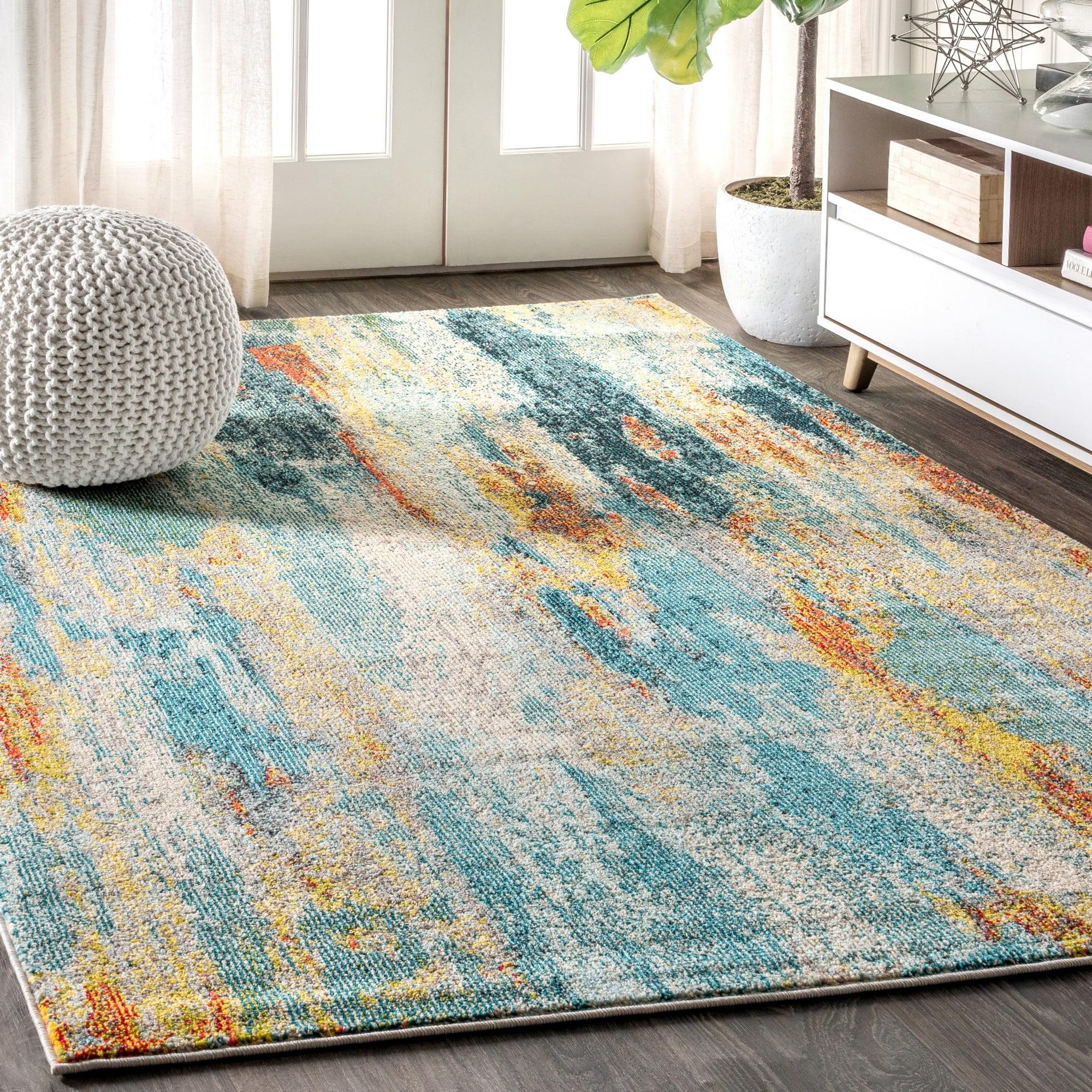 Aqua Splash Abstract 8' x 10' Easy-Care Synthetic Rug in Blue/Cream/Yellow