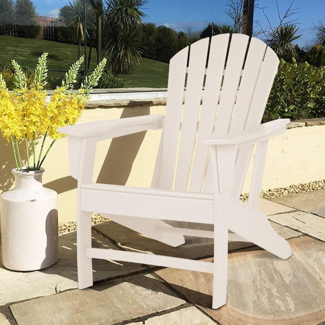 Contemporary White Plastic Adirondack Chair with Slatted Back and Rivet Details