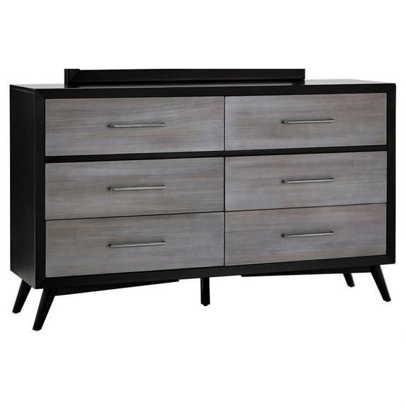 Contemporary Six Drawers Wood Dresser with Metal Handles, Gray and Black