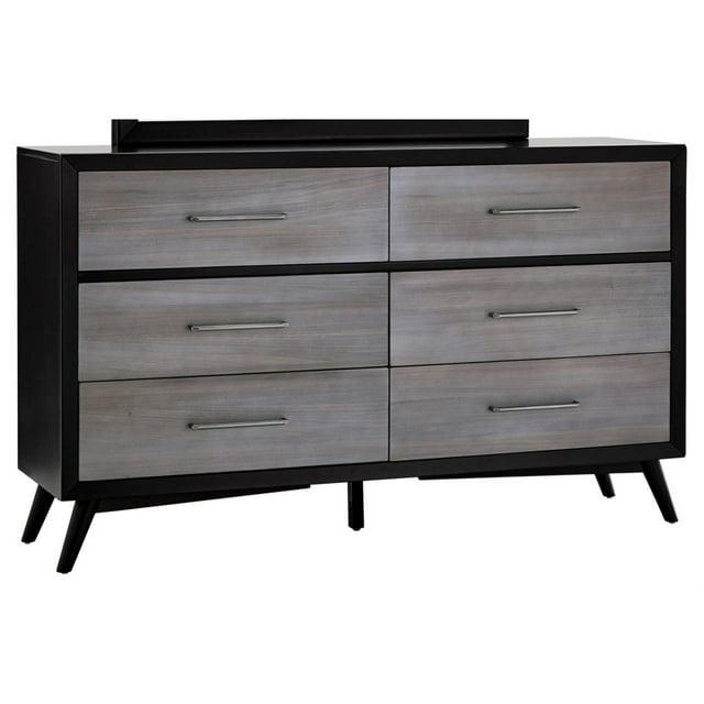 Contemporary Six Drawers Wood Dresser with Metal Handles, Gray and Black