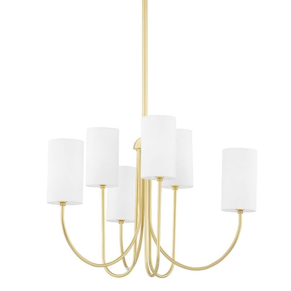 Aged Brass 6-Light Candle Style Chandelier with White Drum Shades