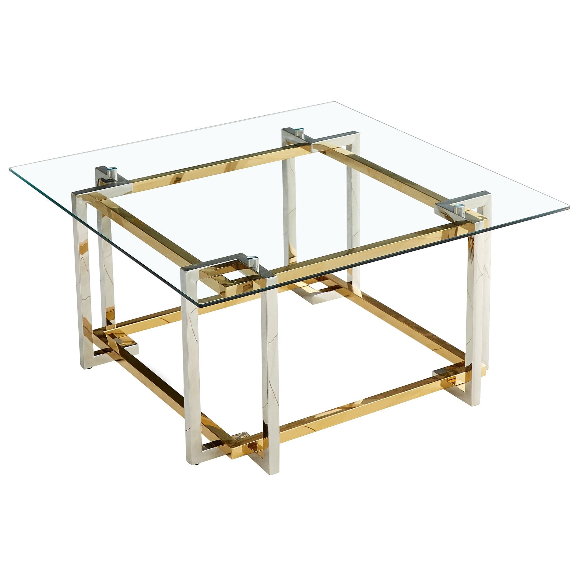 Elegant Square Glass Coffee Table with Gold & Silver Geometric Base