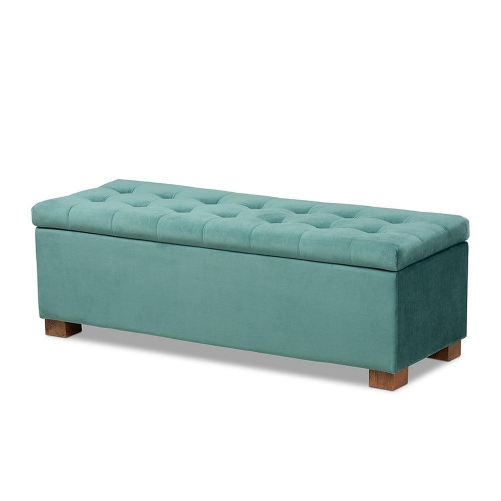 Teal Velvet Tufted Storage Ottoman Bench with Walnut Legs