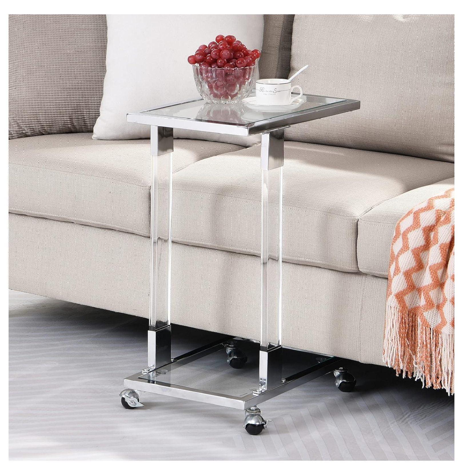 Chrome Glass Top C-Shaped Mobile Side Table with Wheels