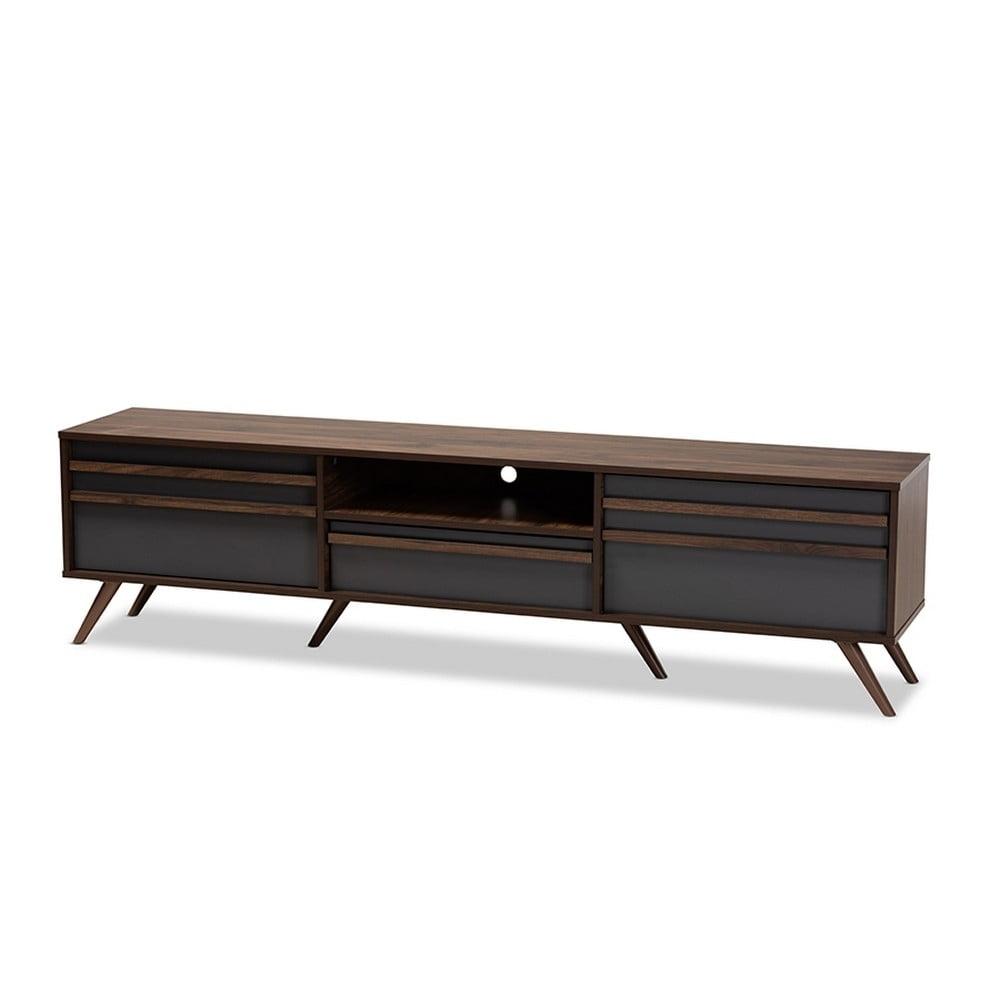 Gray and Walnut Wood TV Stand with Drop-Down Compartments