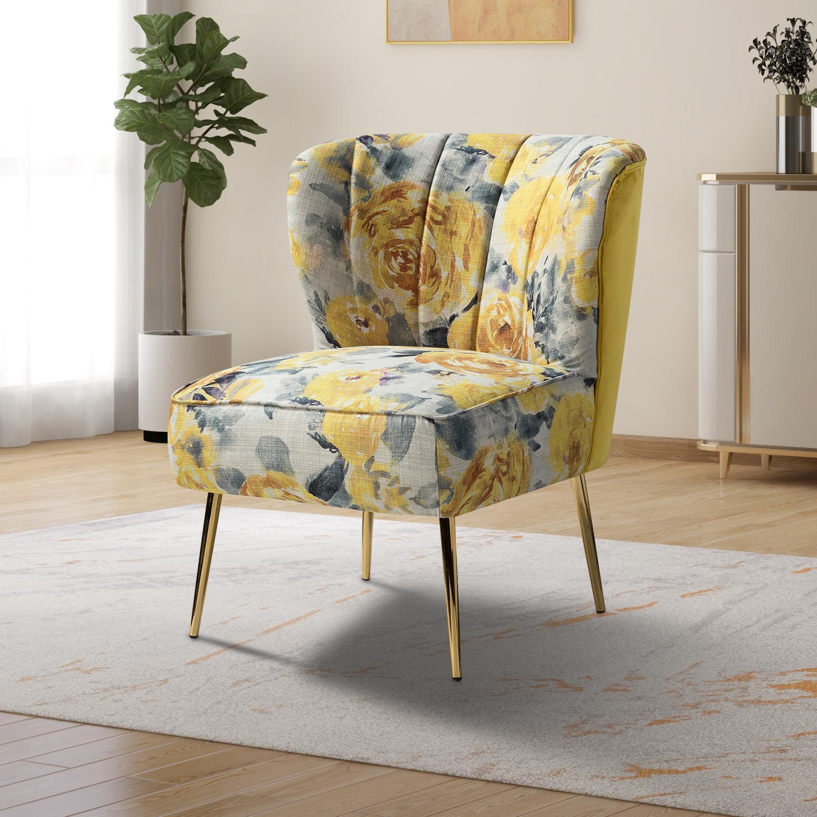 Yellow Floral Tufted Slipper Chair with Gold Metal Legs