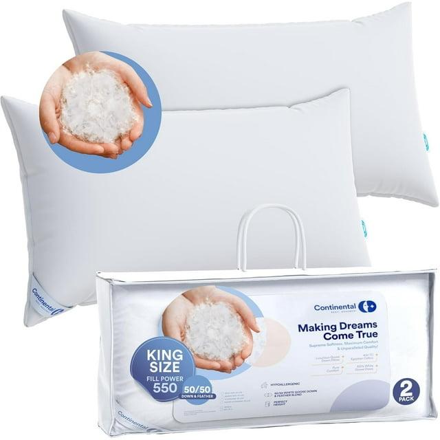 Continental Bedding 50% White Goose Down and 50% White Goose Feather Blend - King Size Pillow - Set of 2