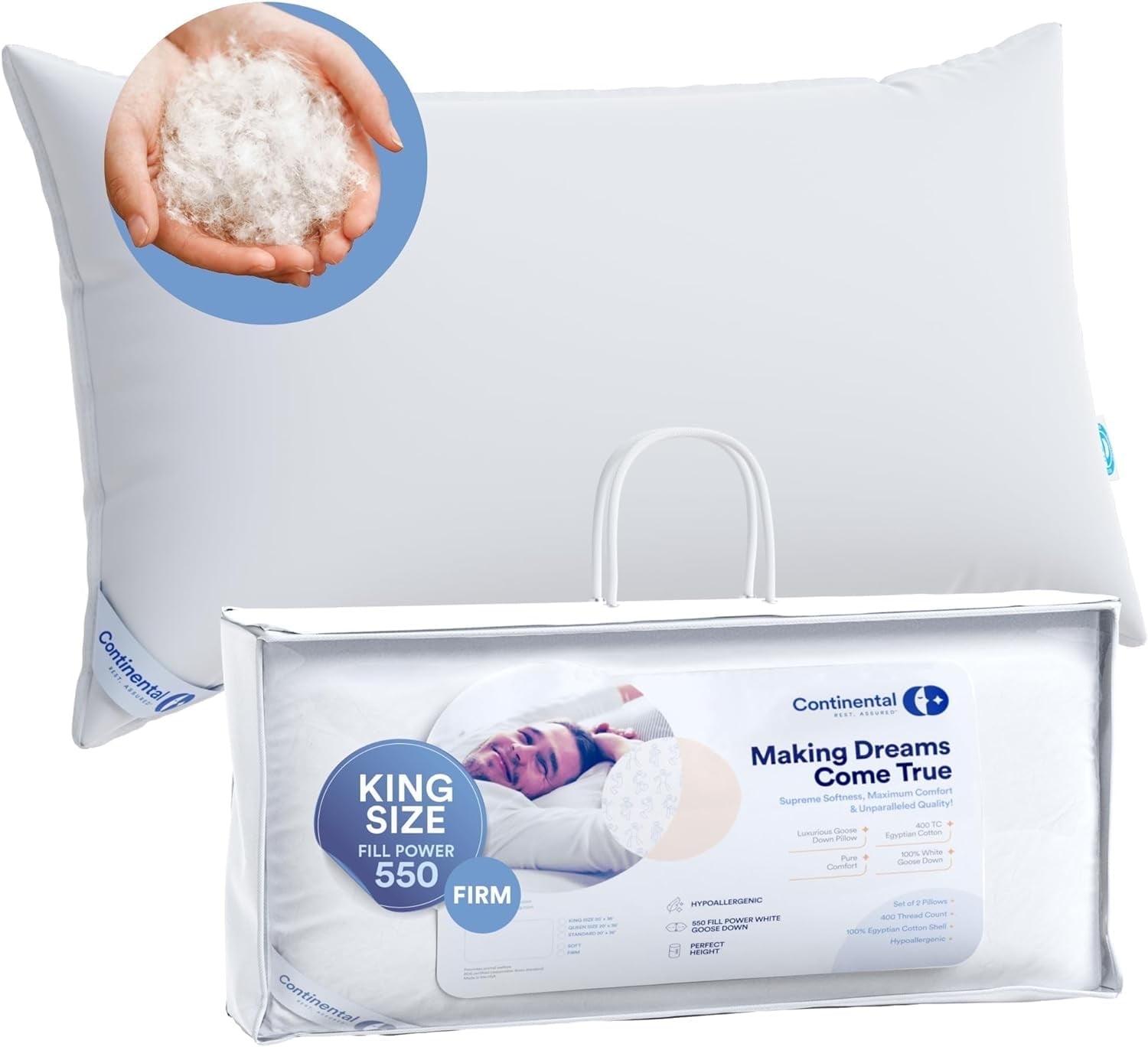 ContinentalBedding Continental Bedding Soft Luxury Down Pillows, Breathable Bed Pillows (Pack of 1)