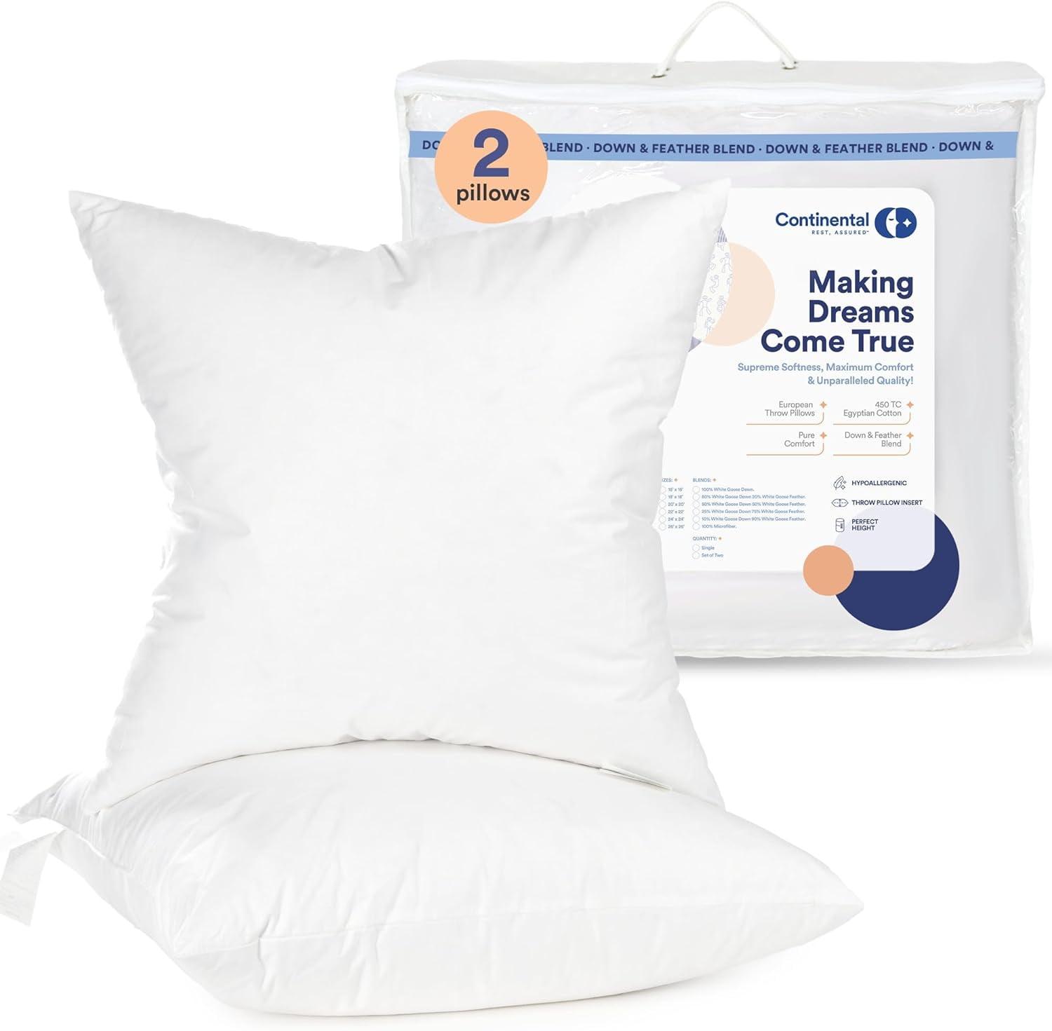ContinentalBedding Square White Euro Throw Pillow Insert 2 Pack - 100% Cotton Cover, 50% Down and 50% Feather Fill, Multiple Sizes (Set of 2)