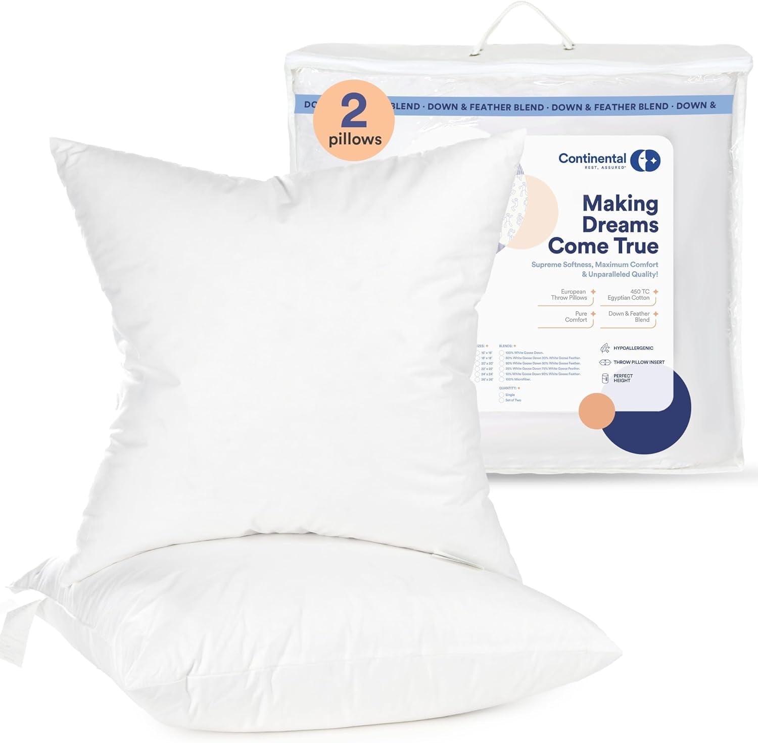 ContinentalBedding Square White Throw Pillow Insert 2 Pack - 100% Cotton Cover, Microfiber Down Alternative Fill, Multiple Sizes (Set of 2)