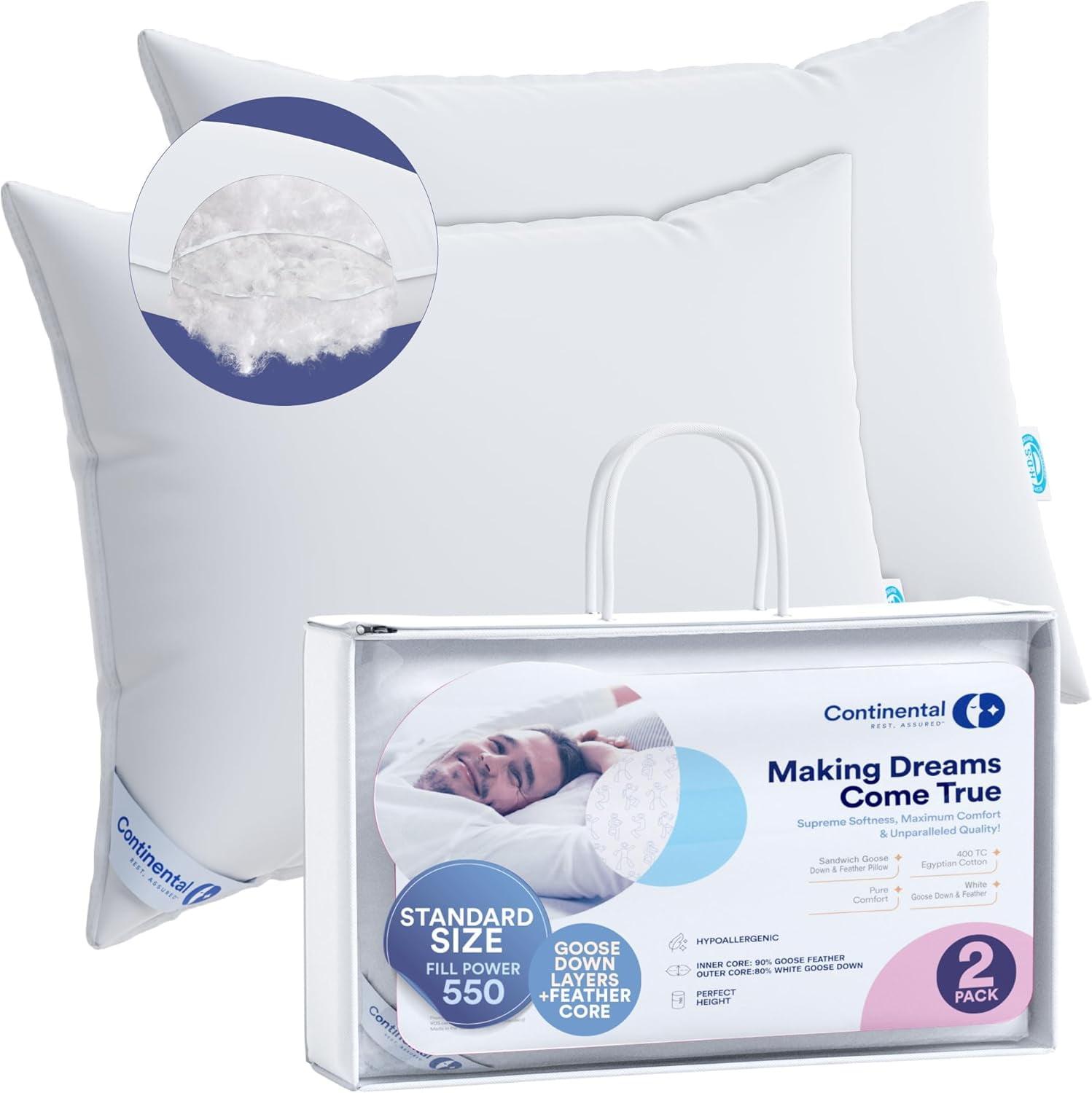 Continental Bedding White Goose Down and Feather Layered Pillow, Standard Size, Set of 2