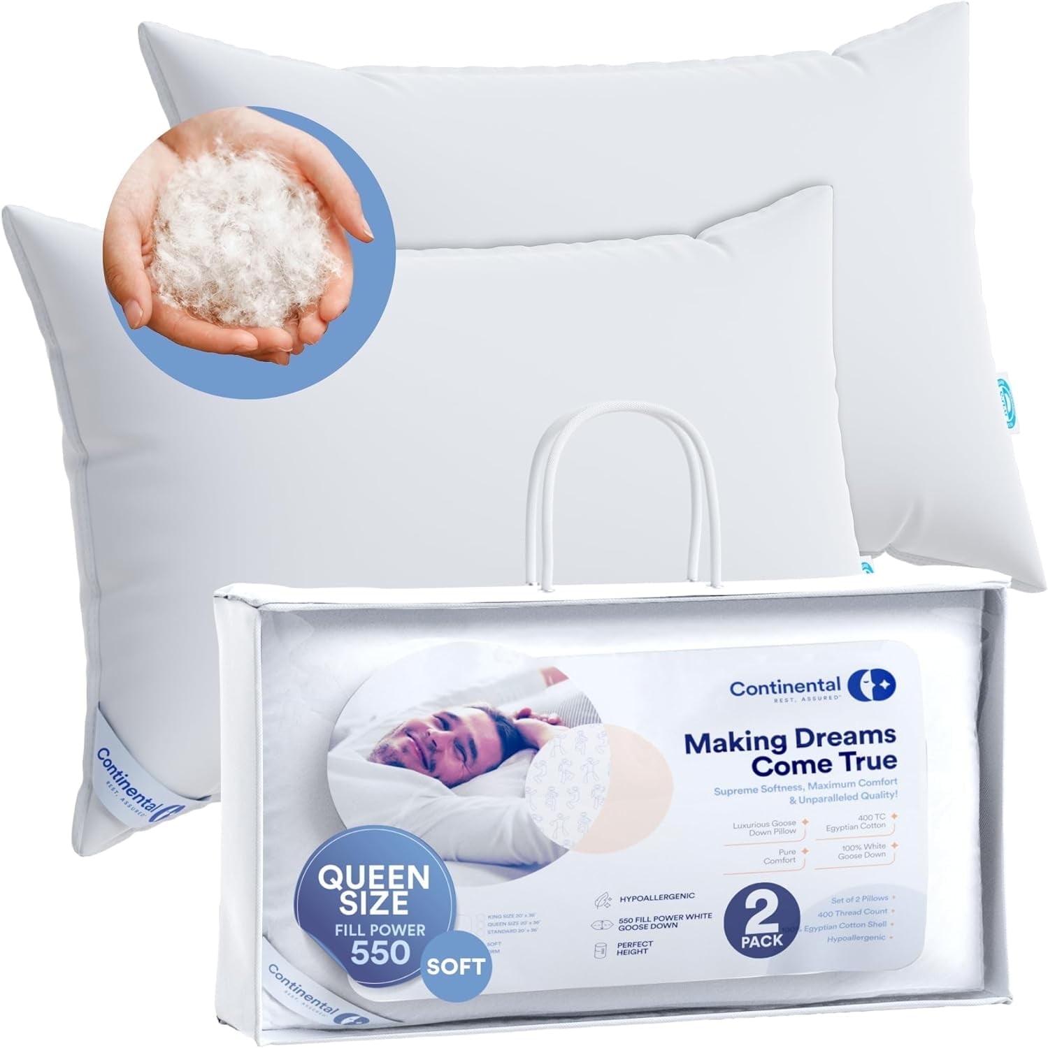 ContinentalBedding Continental Bedding Soft Down Pillows, 2-Pack, 550FP, 75% Down 25% Feather, 400TC 100% Cotton Cover (Set of 2)