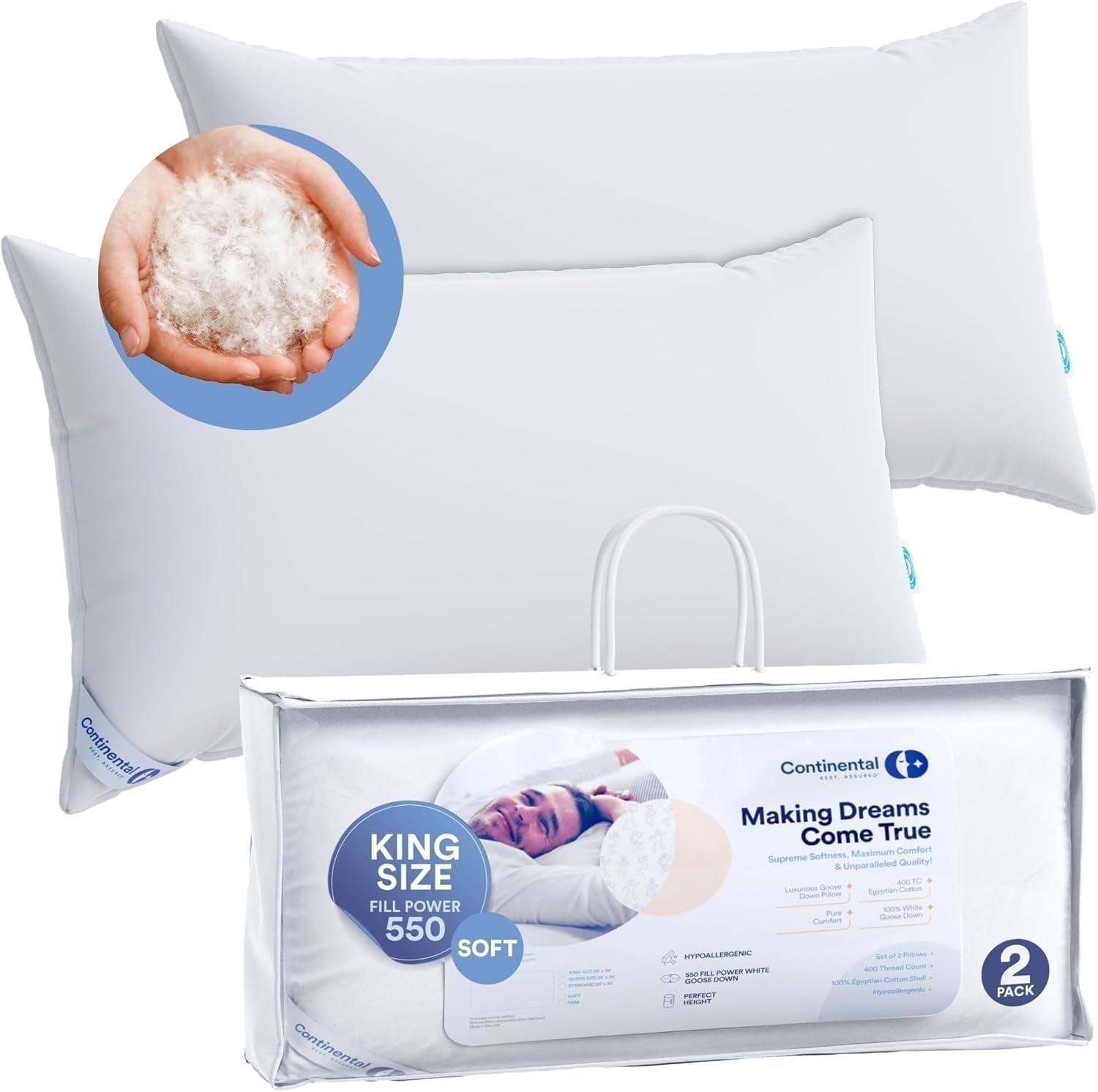 ContinentalBedding Continental Bedding Soft Down Pillows, 2-Pack, 550FP, 75% Down 25% Feather, 400TC 100% Cotton Cover (Set of 2)