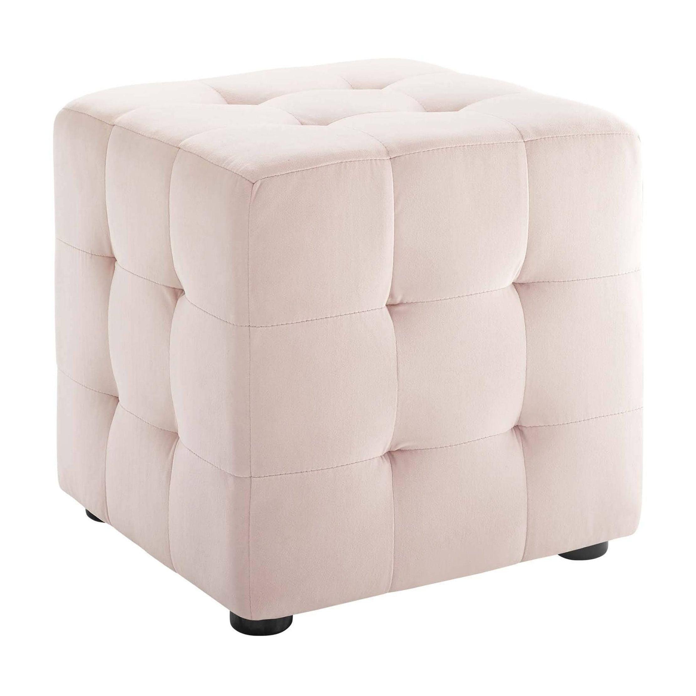 Velvet Pink Tufted Cube Ottoman with Non-Marking Foot Caps