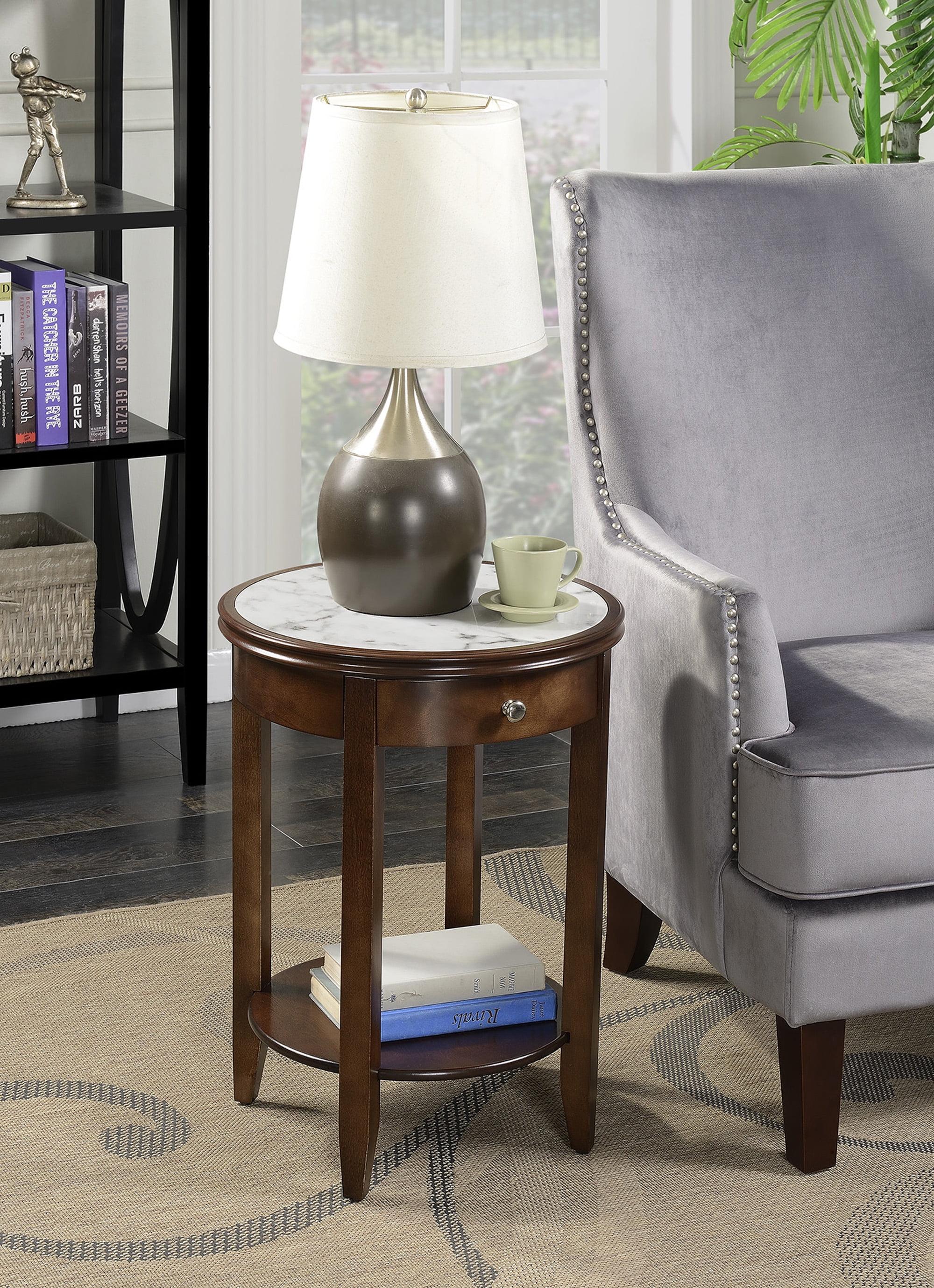 Elegant Traditional Round End Table with Faux Marble Top and Storage